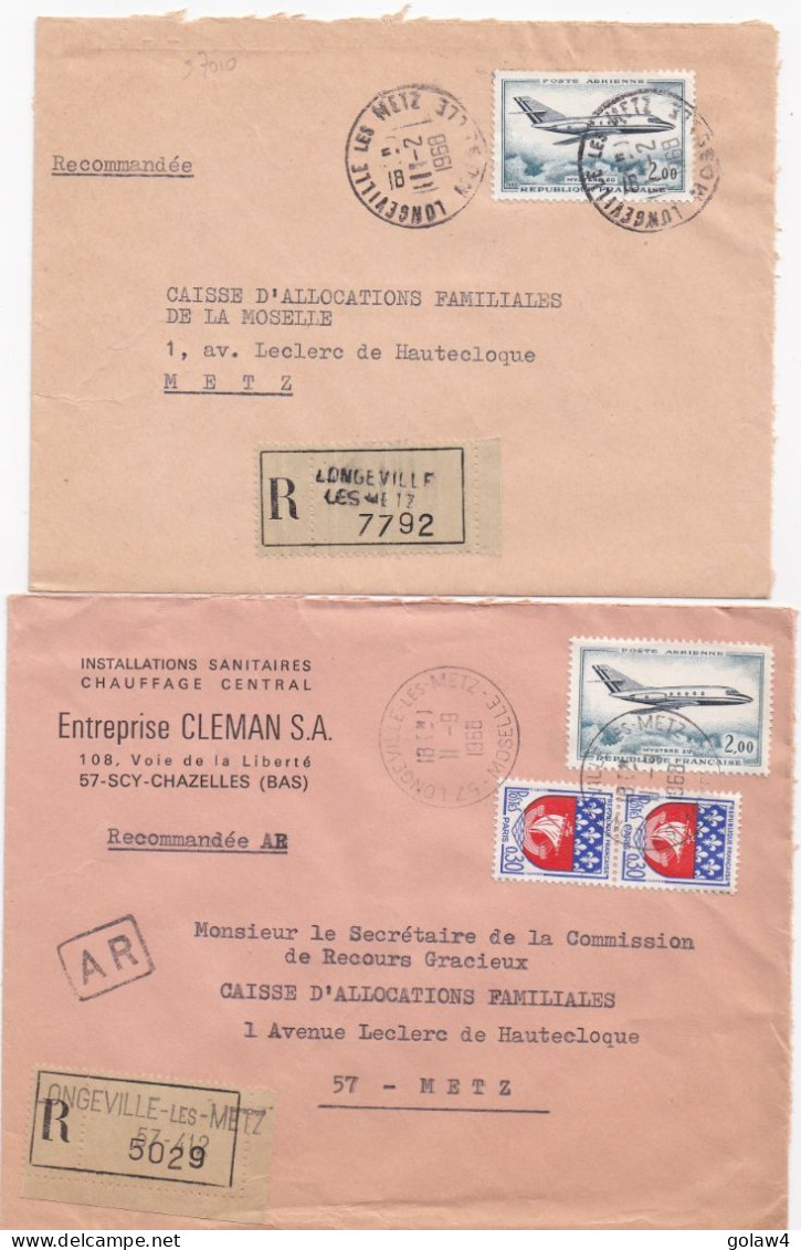37010# LOT 2 LETTRES FRANCHISE PARTIELLE RECOMMANDE Obl LONGEVILLE LES METZ MOSELLE 1968 Pour METZ 57 - Covers & Documents