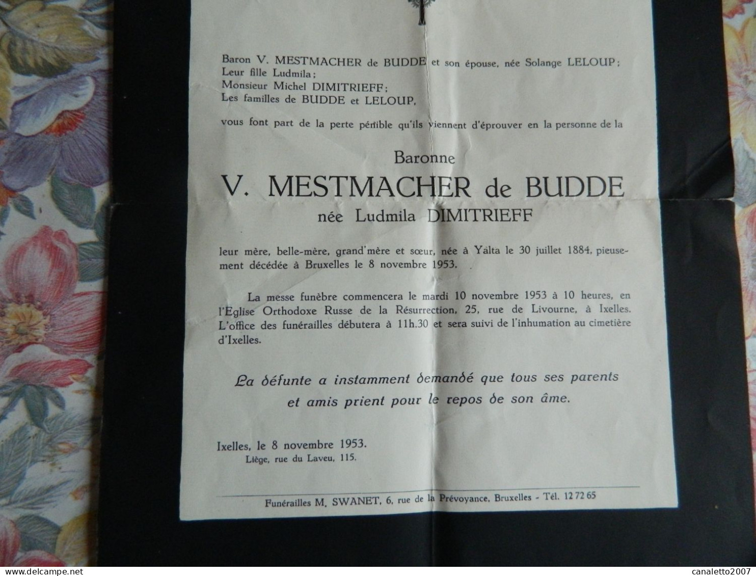 NOBLESSE +YALTA +BRUXELLES  : FAIR PART DE DECE DE LUDMILA DIMITRIEFF BARONNR V.MESTMACHER DE BUDDE 1884-1953 - Avvisi Di Necrologio