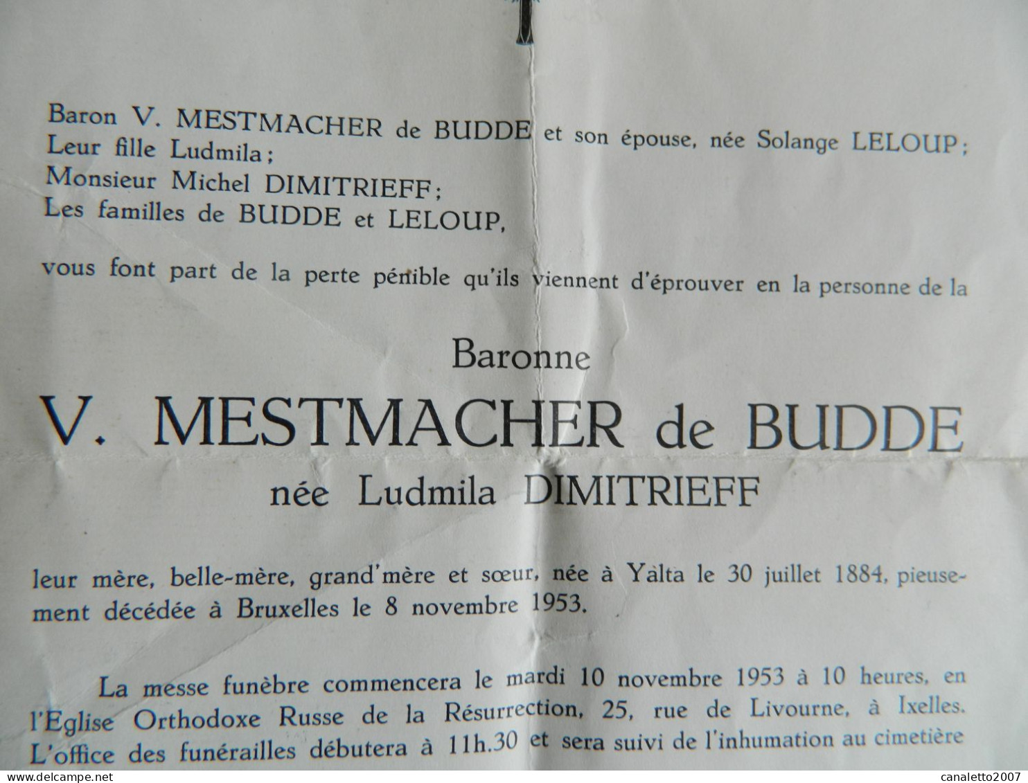 NOBLESSE +YALTA +BRUXELLES  : FAIR PART DE DECE DE LUDMILA DIMITRIEFF BARONNR V.MESTMACHER DE BUDDE 1884-1953 - Obituary Notices