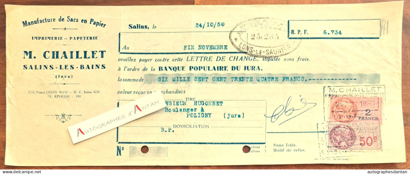● SALINS 1950 (Jura) M. CHAILLET Sacs En Papier Imprimerie Papeterie - Lettre De Change à M. Hugonnet à Poligny - Wissels