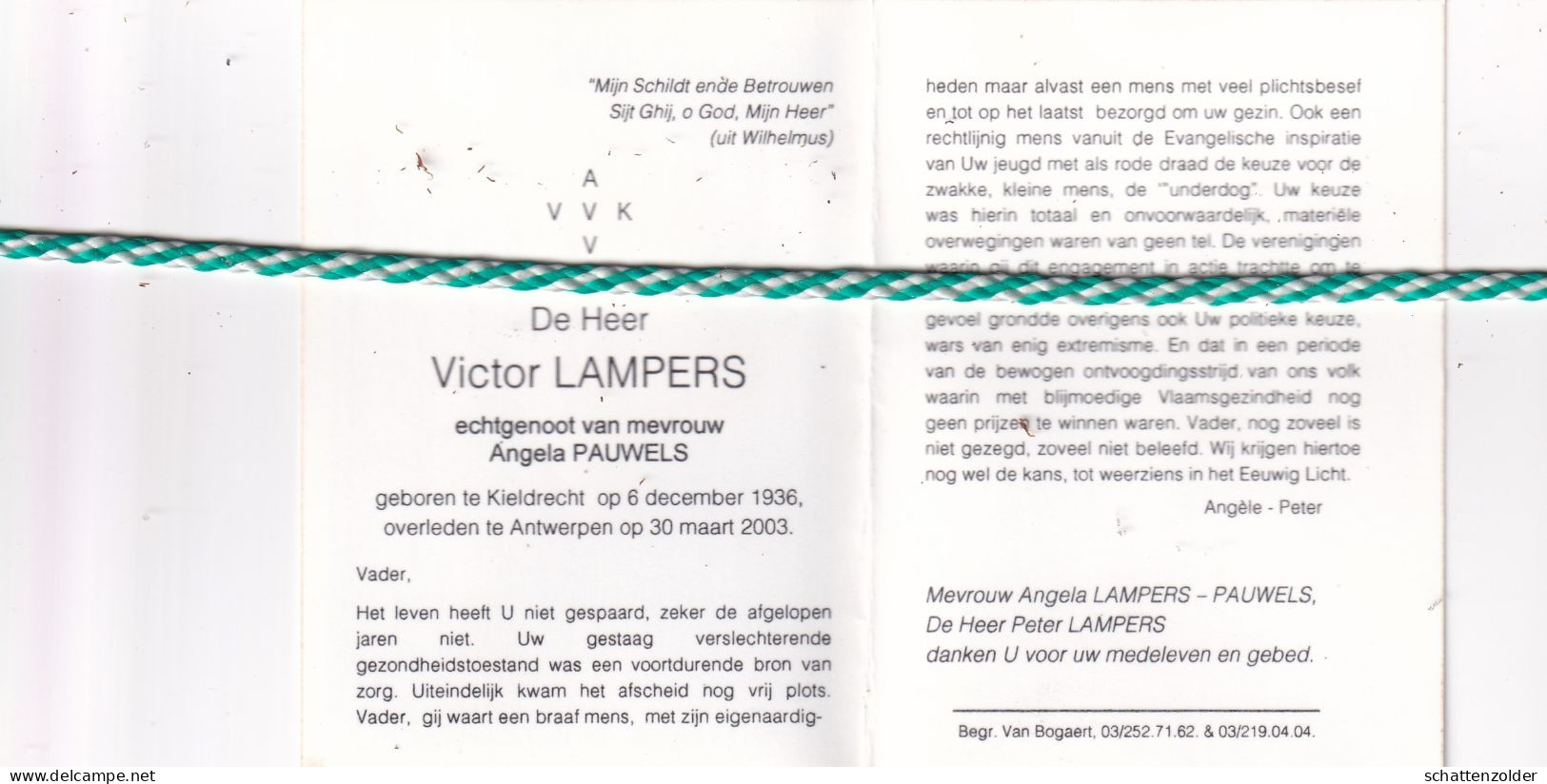 Victor Lampers-Pauwels, Kieldrecht 1936, Antwerpen 2003. AVV VVK. Foto - Obituary Notices