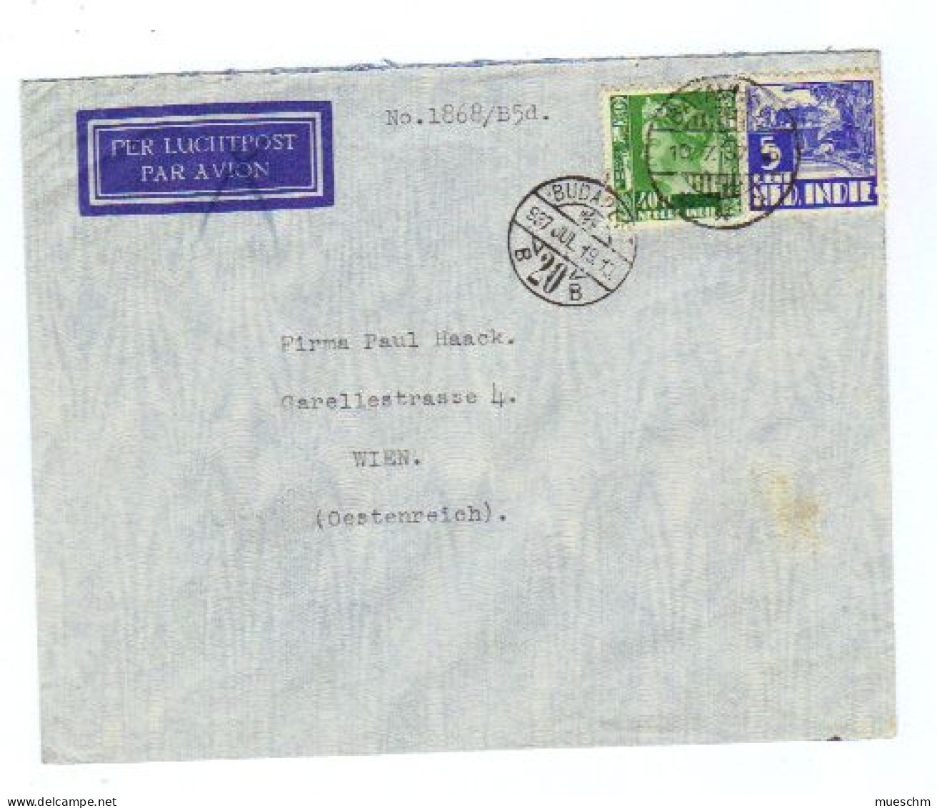 Niederl.Indien, 1937, Luftpost- Bedarfsbrief Nach Wien Mit Mehrfachfrankatur; Stempel Von Budapest ! (11202E) - Niederländisch-Indien