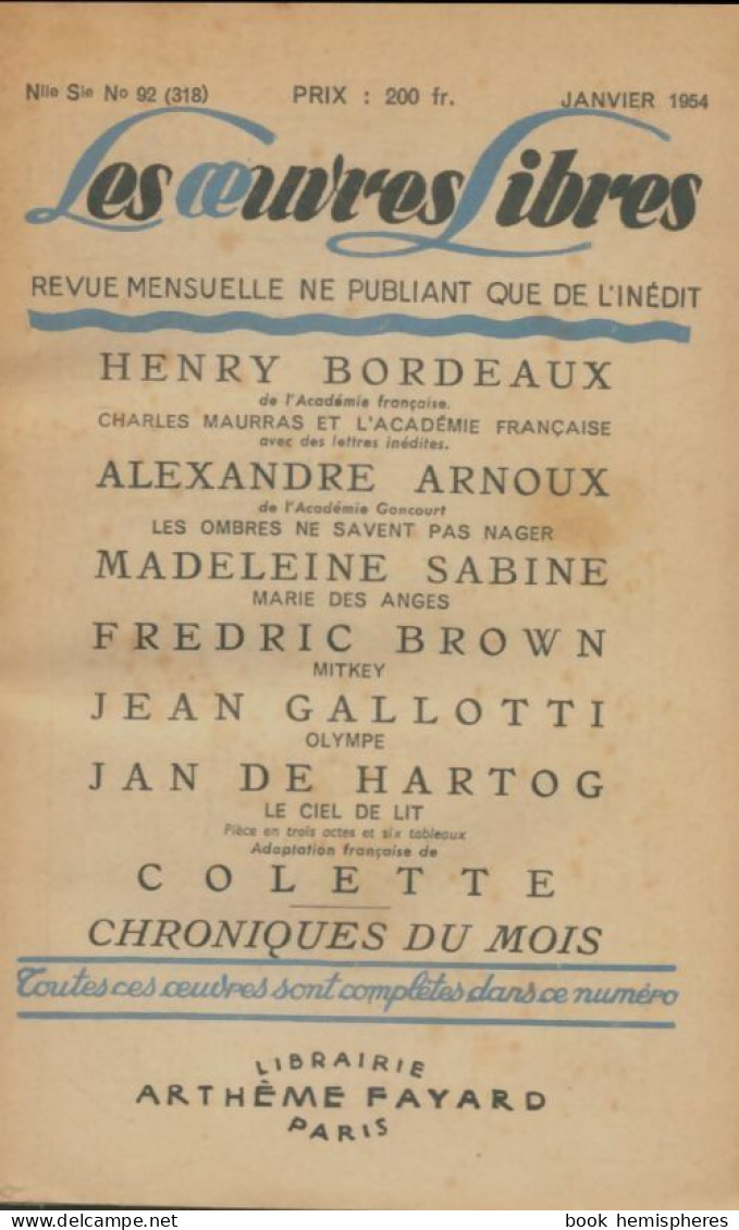 Les Oeuvres Libres N°92 (1954) De Collectif - Sin Clasificación