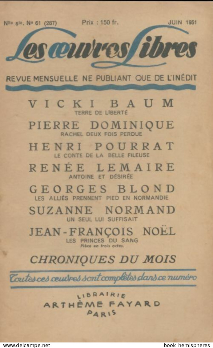 Les Oeuvres Libres N°61 (1951) De Collectif - Non Classificati