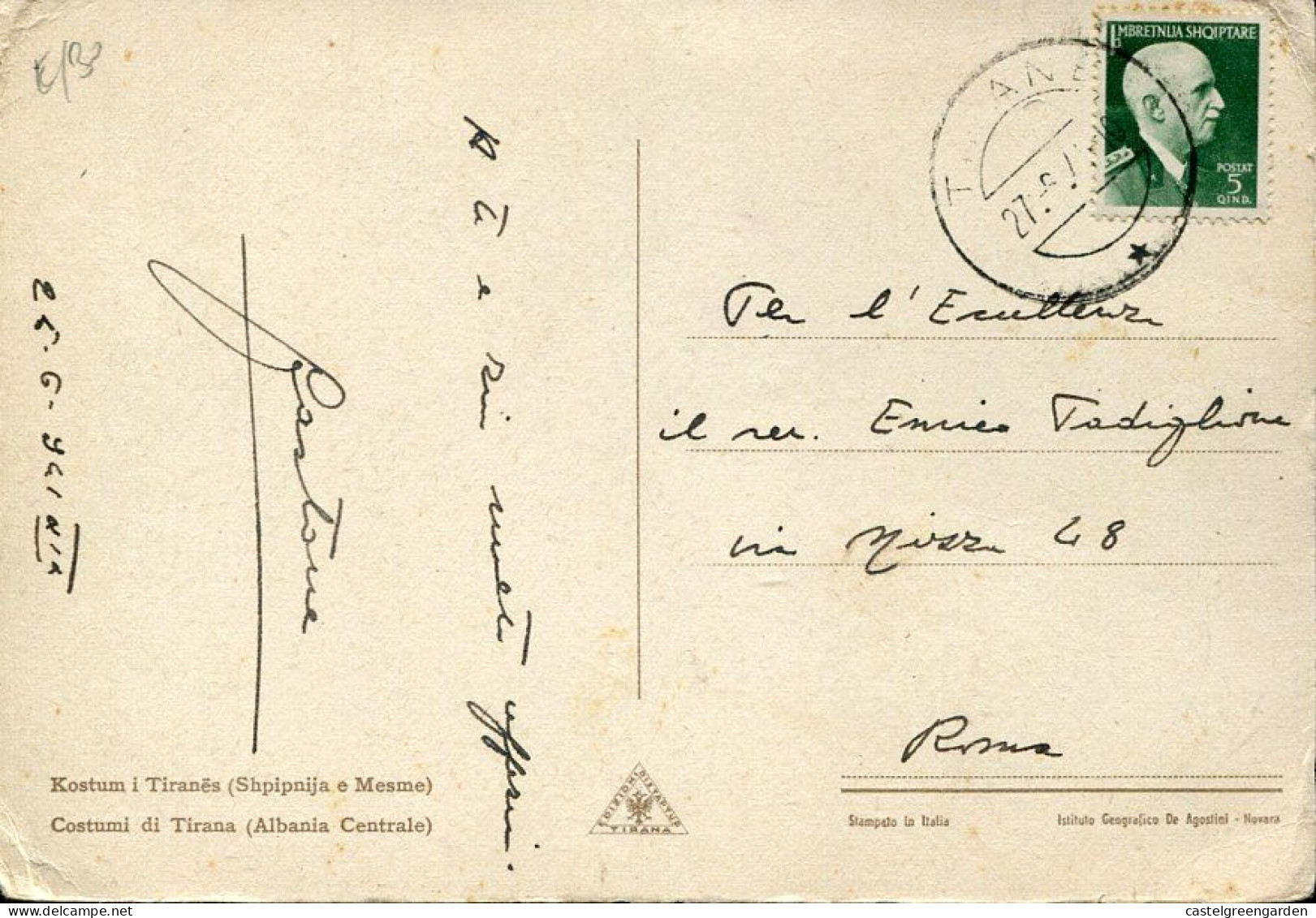 X0403 Albania,circuled Card 1941 From Tirana To Rome (see 2 Scan) - Albanien