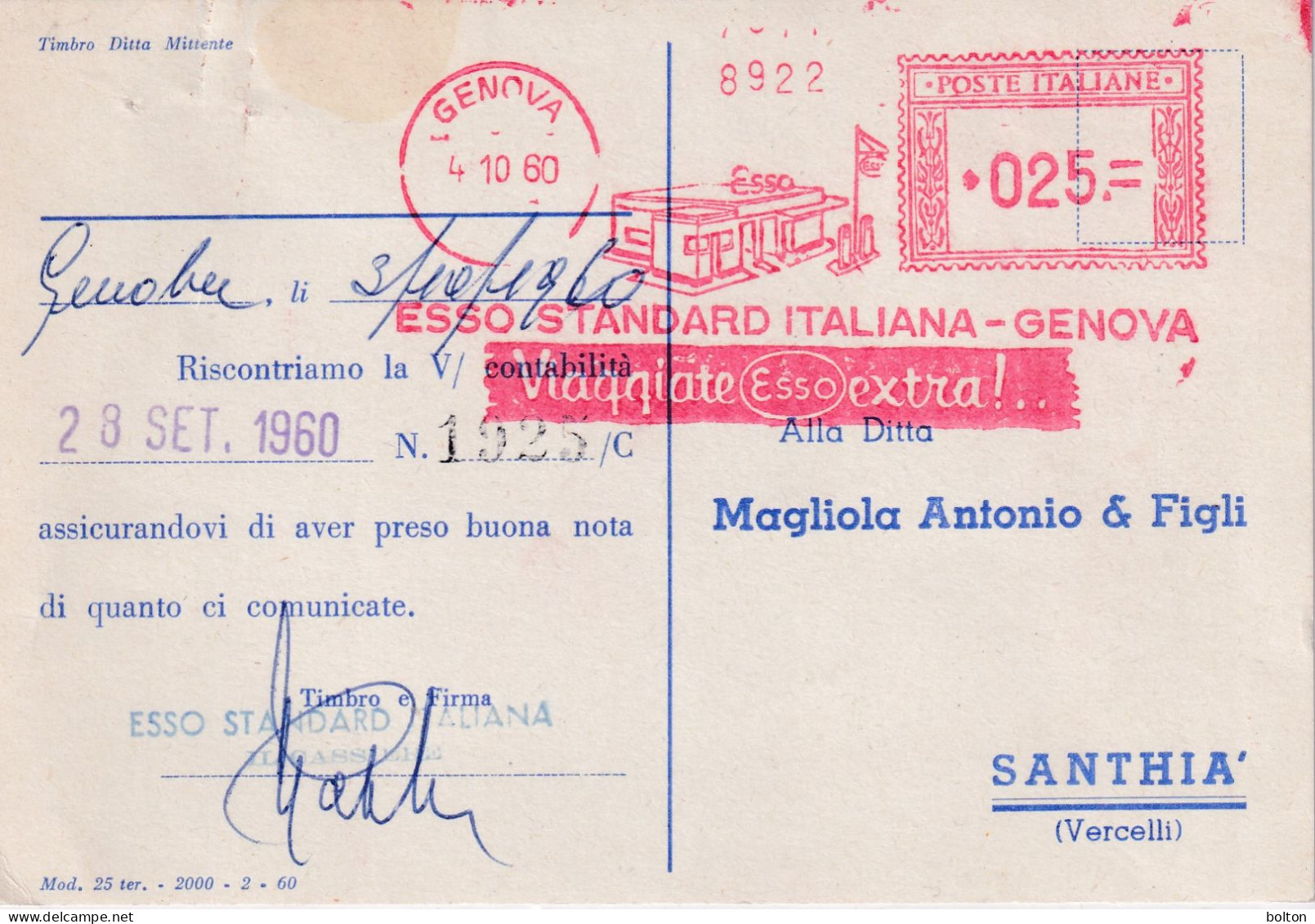 1960   Affrancatura Meccanica Rossa EMA  ESSO STANDAR ITALIANA - 1961-70: Marcophilia