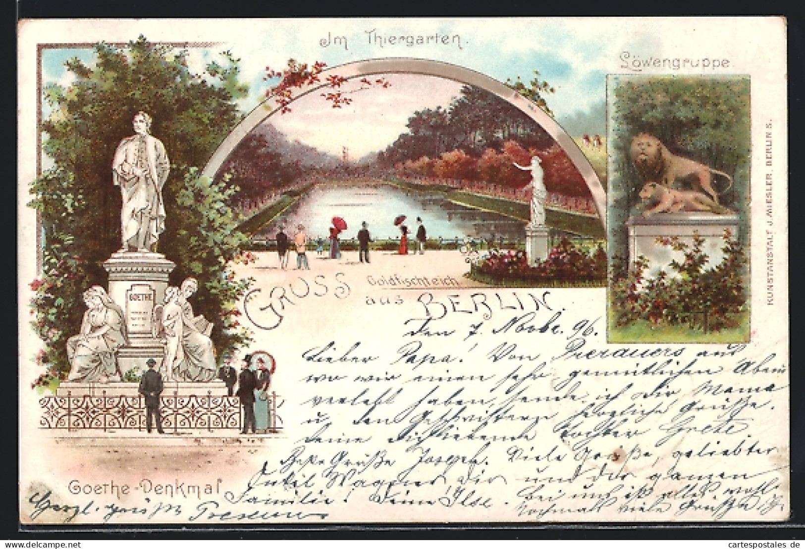 Lithographie Berlin-Tiergarten, Goethe-Denkmal Mit Löwengruppe Und Goldfischteich  - Tiergarten