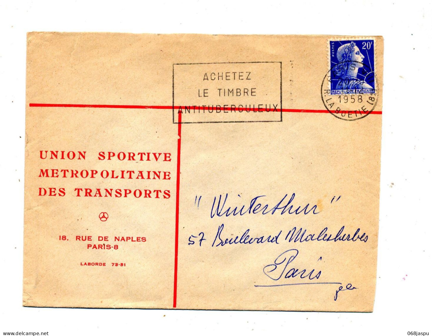 Lettre Flamme Paris Timbre Antituberculeux Entete Union Sportive Metropolitaine - Mechanische Stempels (reclame)