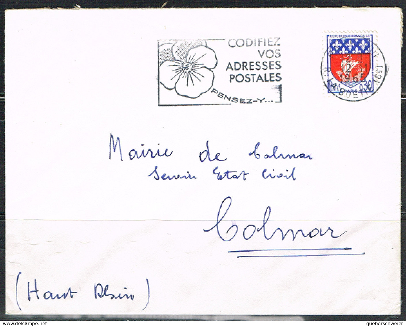 FLORA-L244 - FRANCE Flamme Illustrée Pensée Sur Lettre Codifiez Vos Adresses Mulhouse 1965 - Oblitérations Mécaniques (flammes)