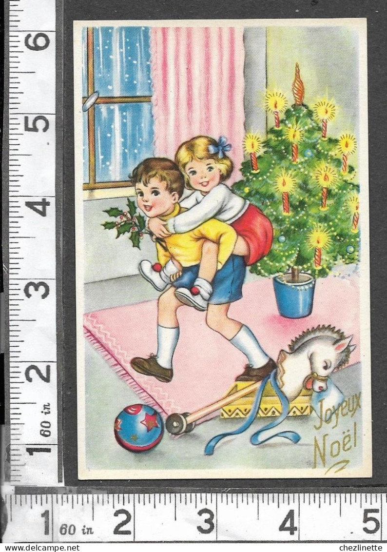 CARTE PHOTOCHROM Série 353 / NOEL / ENFANTS SAPIN ILLUMINE BALLON JOUET TETE DE CHEVAL HOUX NEIGE QUI TOMBE /RV - Kinder-Zeichnungen