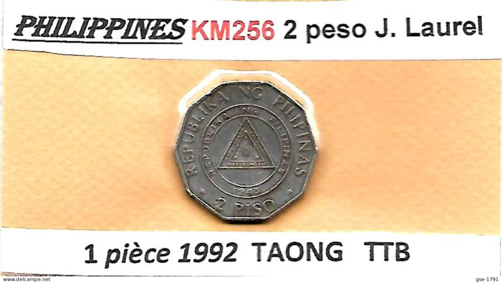 PHILIPPINES  2 PESOS Commémorative KM 256  J. LAUREL TAONG 1992  TTB - Philippinen