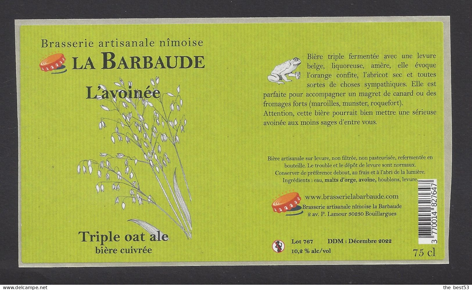 Etiquette De Bière Cuivrée Triple Oat Ale  -  L'Avoinée  -  Brasserie La Barbaude à Nimes  (30) - Cerveza
