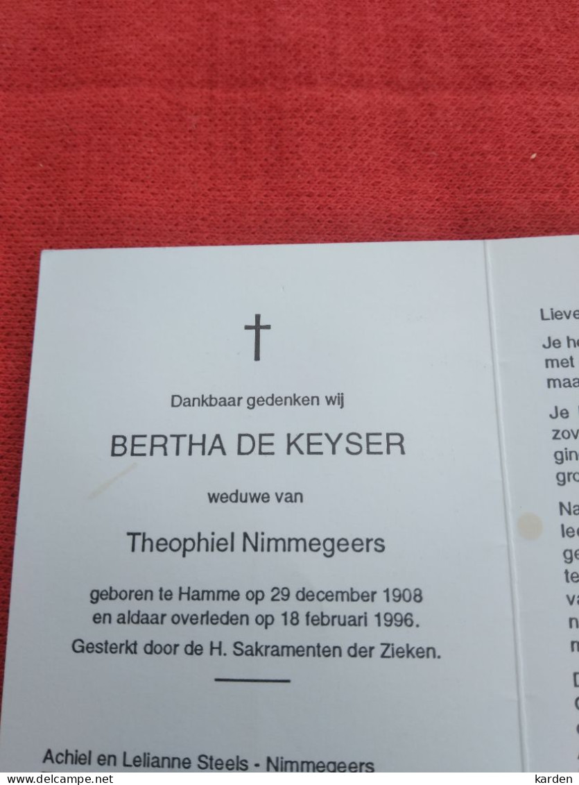 Doodsprentje Bertha De Keyser / Hamme 29/12/1908 - 18/2/1996 ( Theophiel Nimmegeers ) - Religion & Esotérisme