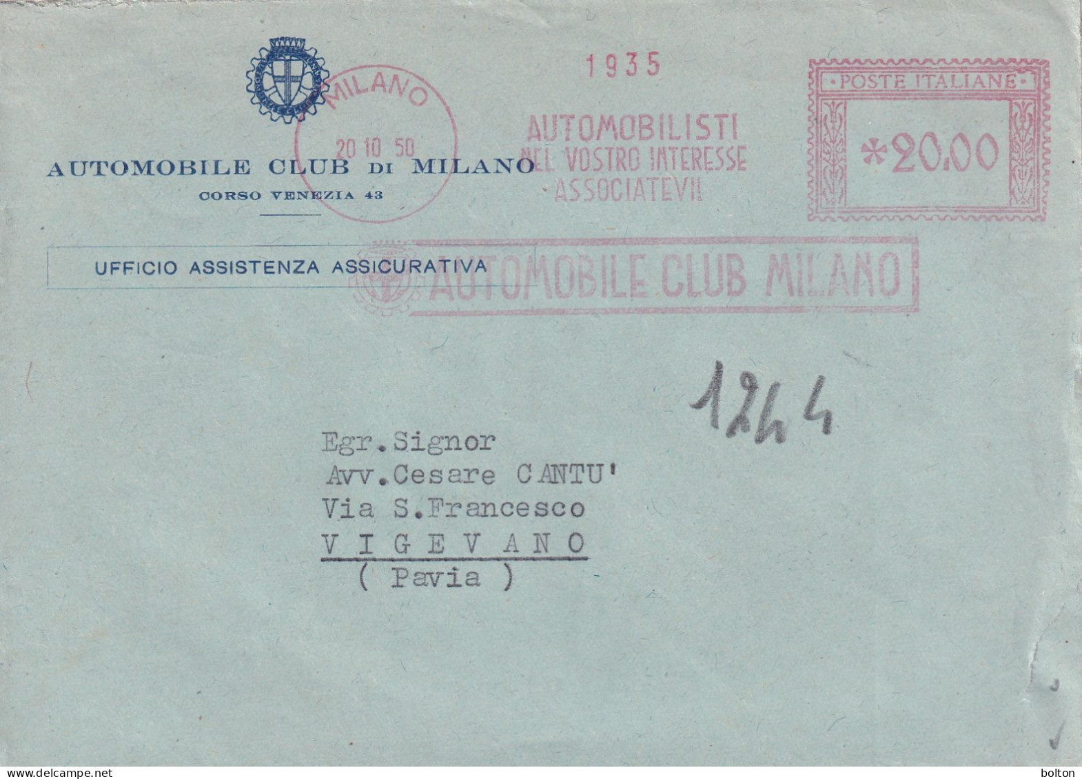 1950 Affrancatura Meccanica Rossa EMA   Automobile Club Mkilano - 1961-70: Marcophilia