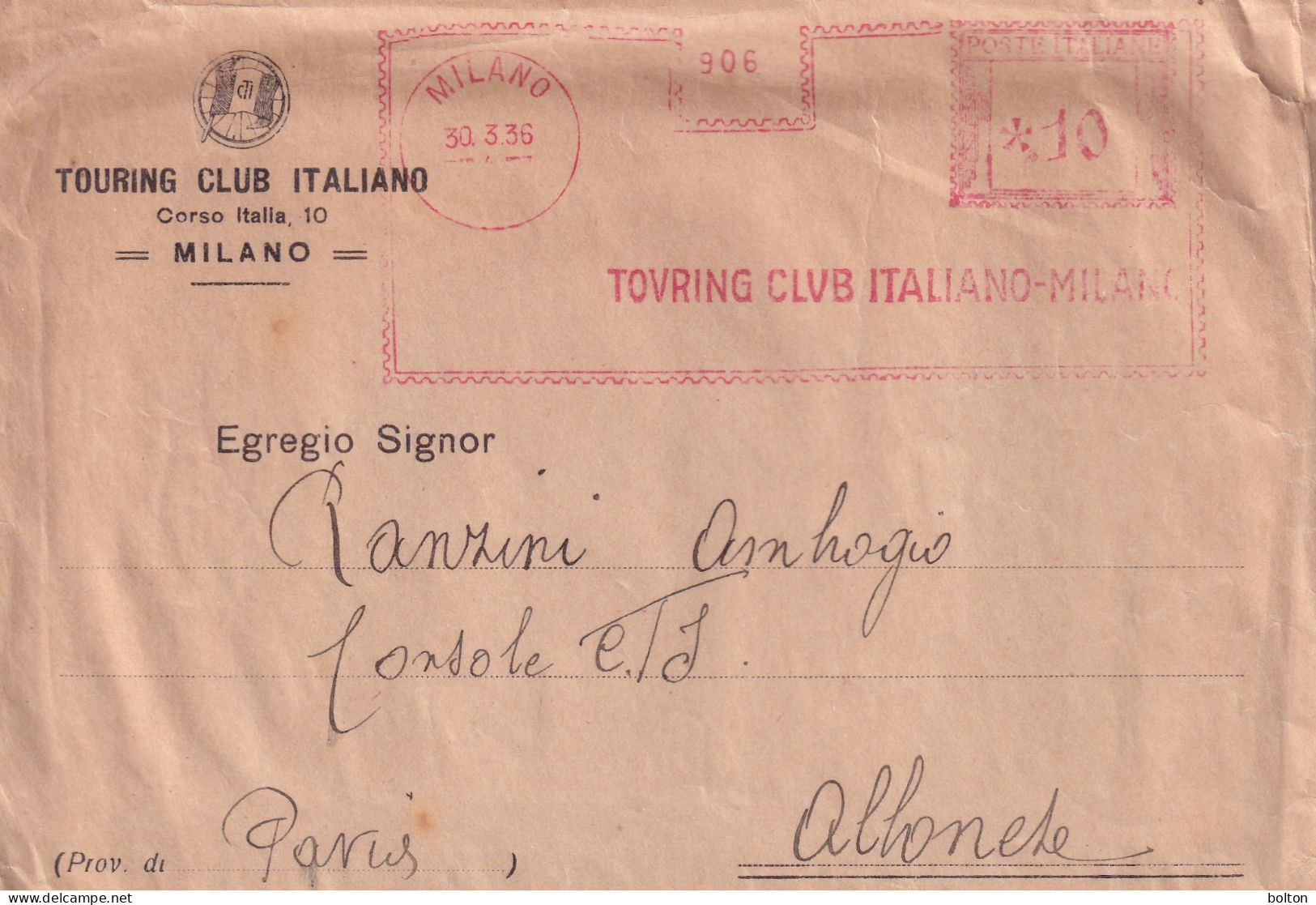 1950 Affrancatura Meccanica Rossa EMA  TOURING CLUB ITALIANO MILANO - 1961-70: Storia Postale