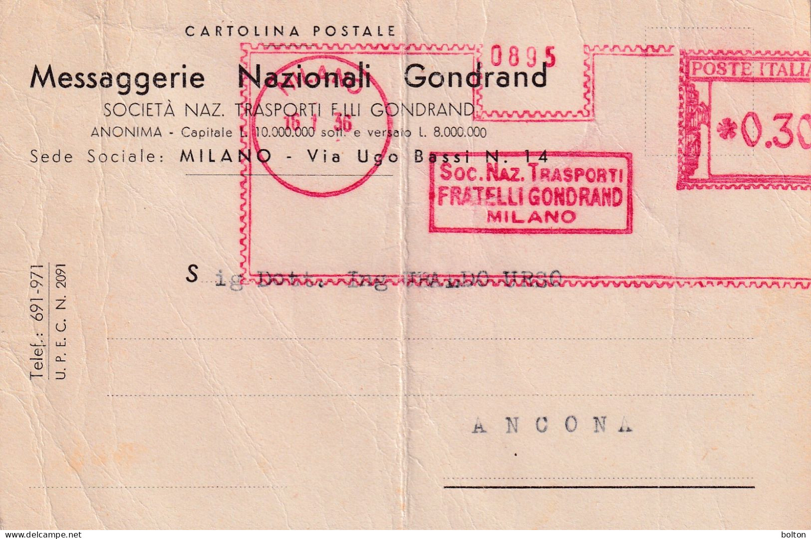 1936   Affrancatura Meccanica Rossa EMA  SOC.NAZ.TRASPORTI FRATELLI GONDRAD Milano - 1961-70: Marcophilia