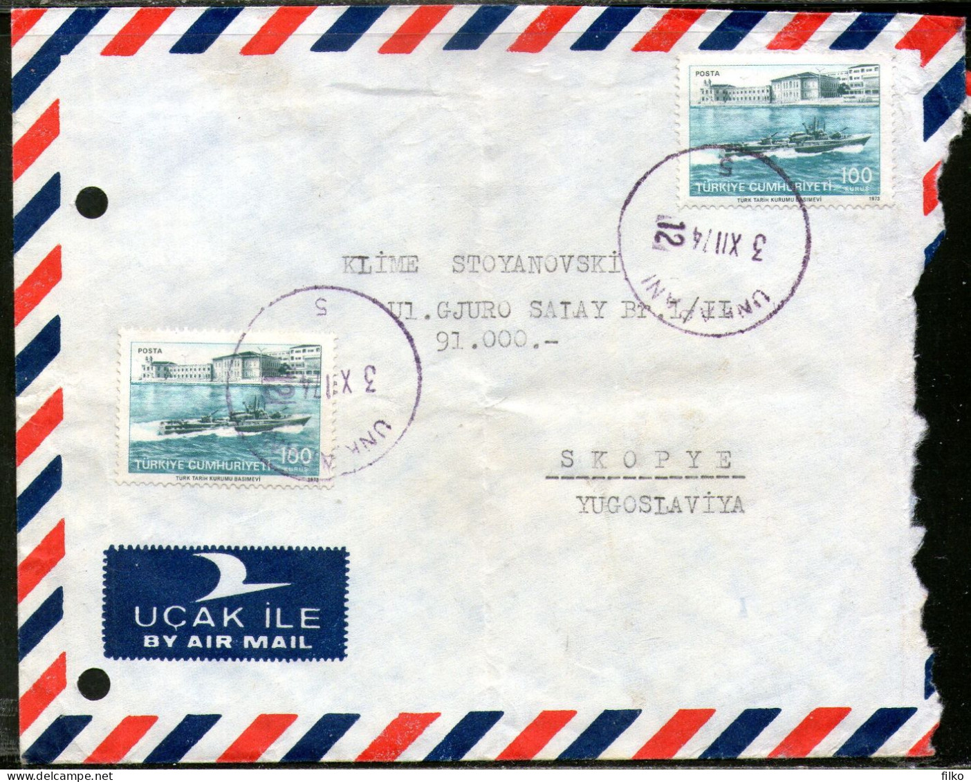 Turkey1974 RR Letter Cancel Unkapani,03.12.1974 To Belgrad Yugoslavia ,,as Scan - Brieven En Documenten