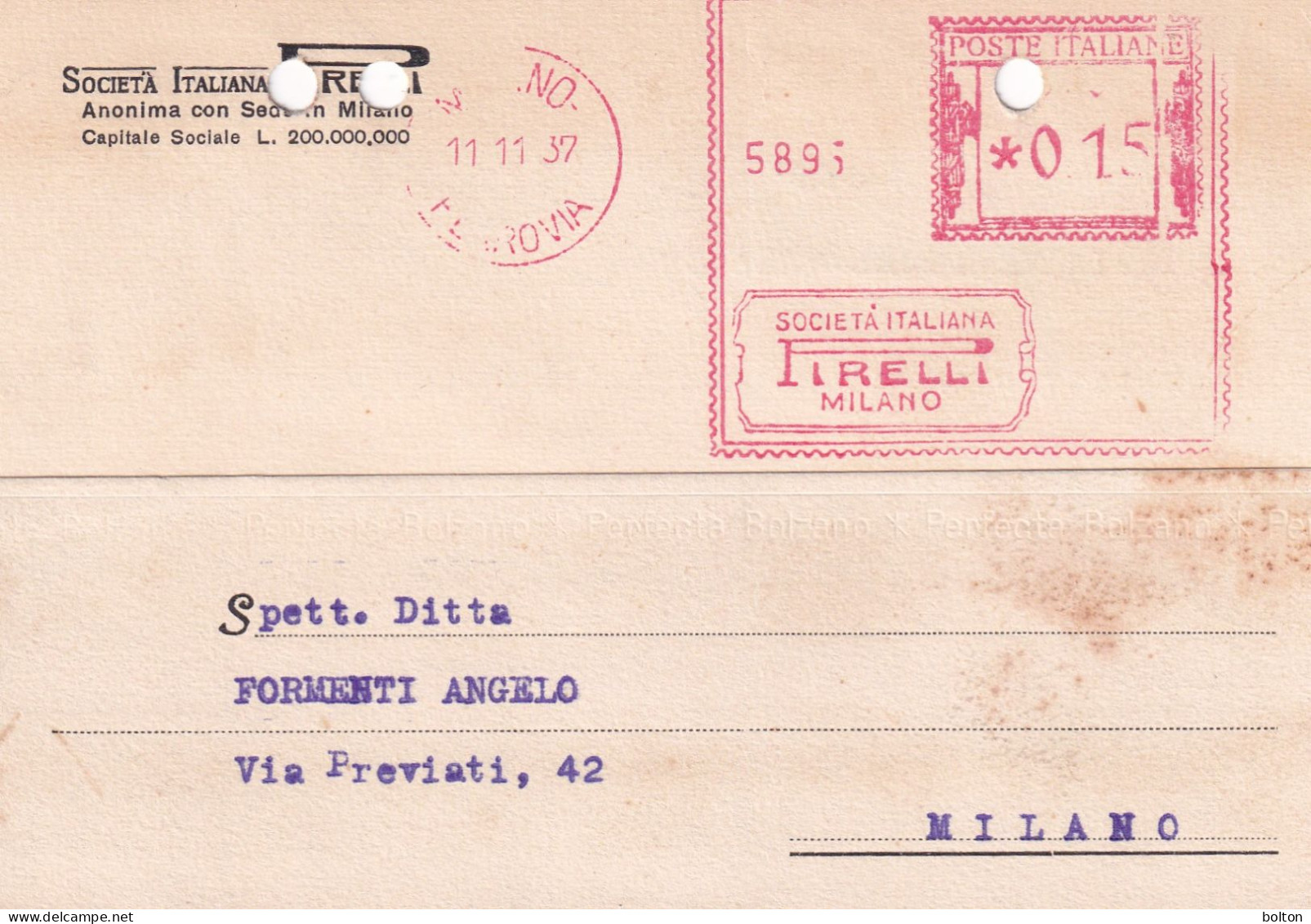 1937   Affrancatura Meccanica Rossa EMA  SOCIETA' ITALIANA PIRELLI MILANO - 1961-70: Marcophilie