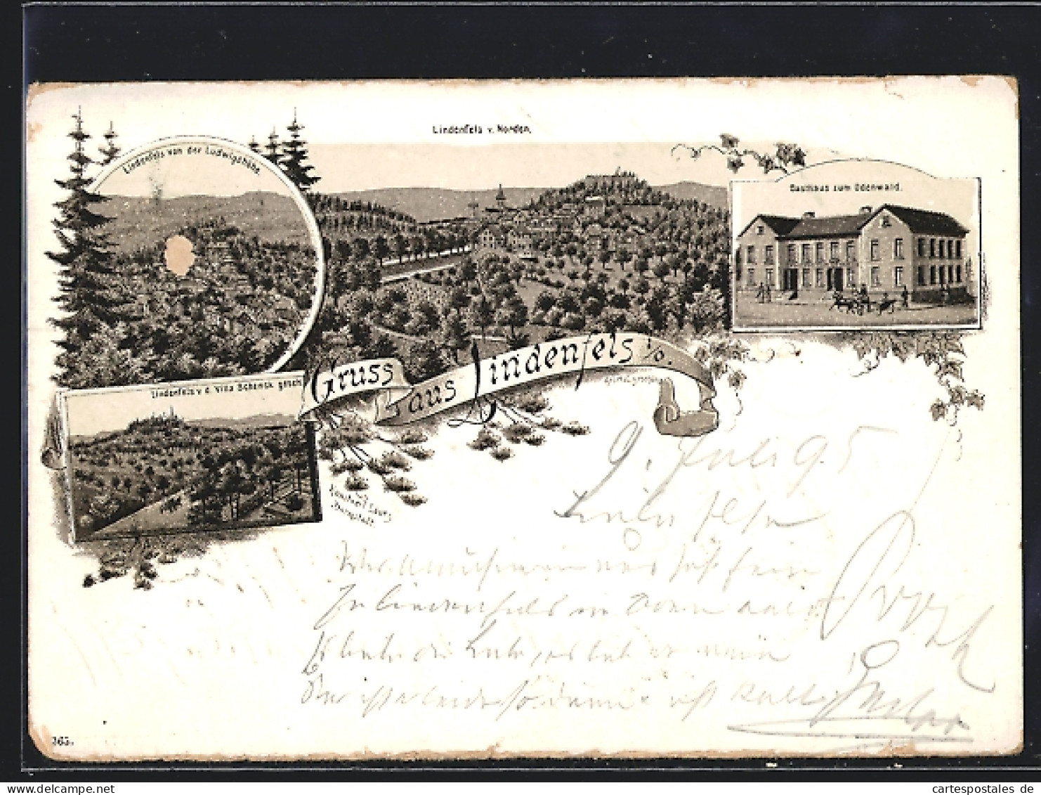 Vorläufer-Lithographie Lindenfels I. O., 1895, Gasthaus Zum Odenwald, Ortsansichten V. Ludwigshöhe U. Villa Schneck   - Odenwald