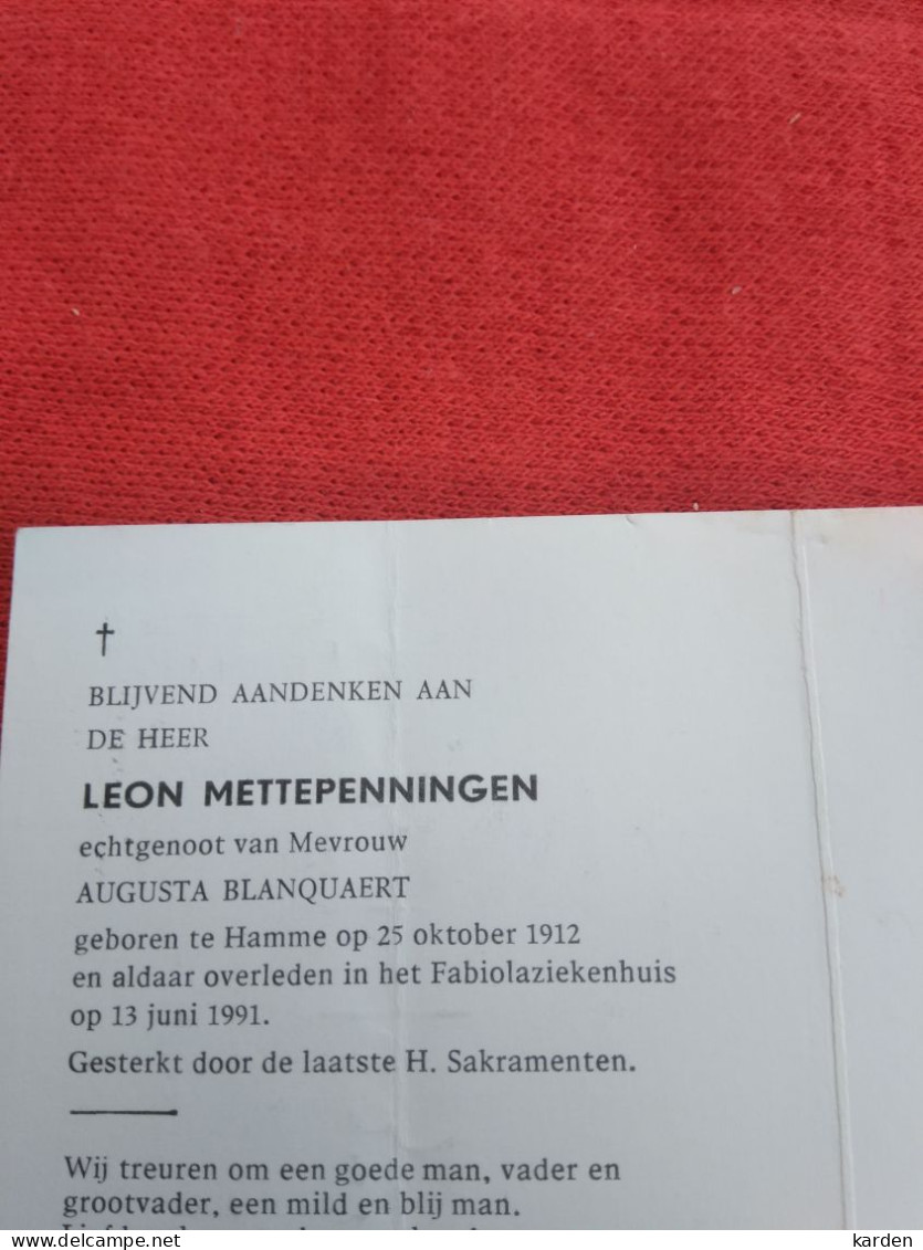 Doodsprentje Leon Mettepenningen / Hamme 25/10/1912 - 13/6/1991 ( Augusta Blanquaert ) - Religion & Esotérisme