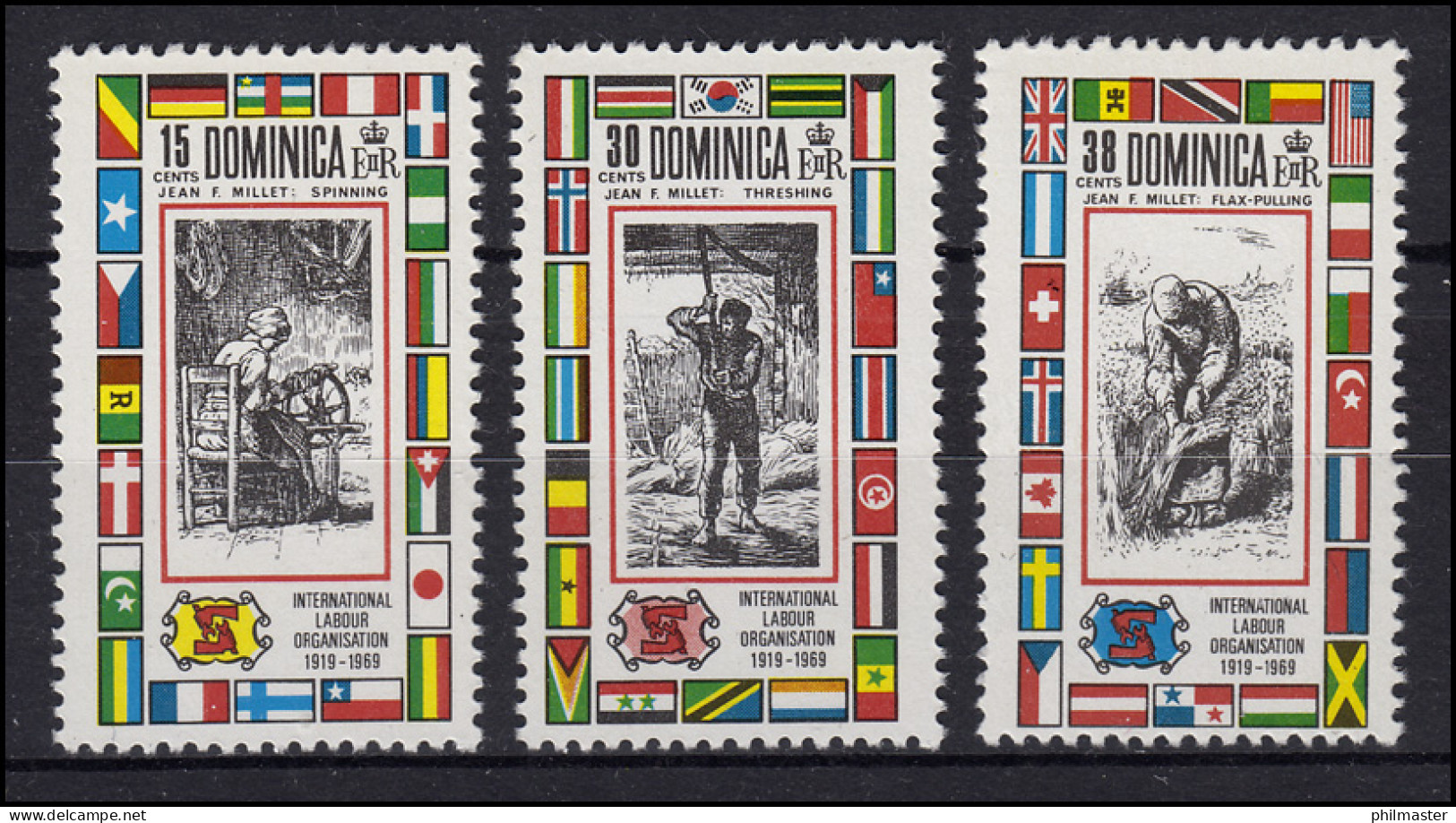 Dominika Labour Organisation 1919-1969 Gemälde Paintings J.F. Millet, 3 Werte ** - Sonstige & Ohne Zuordnung