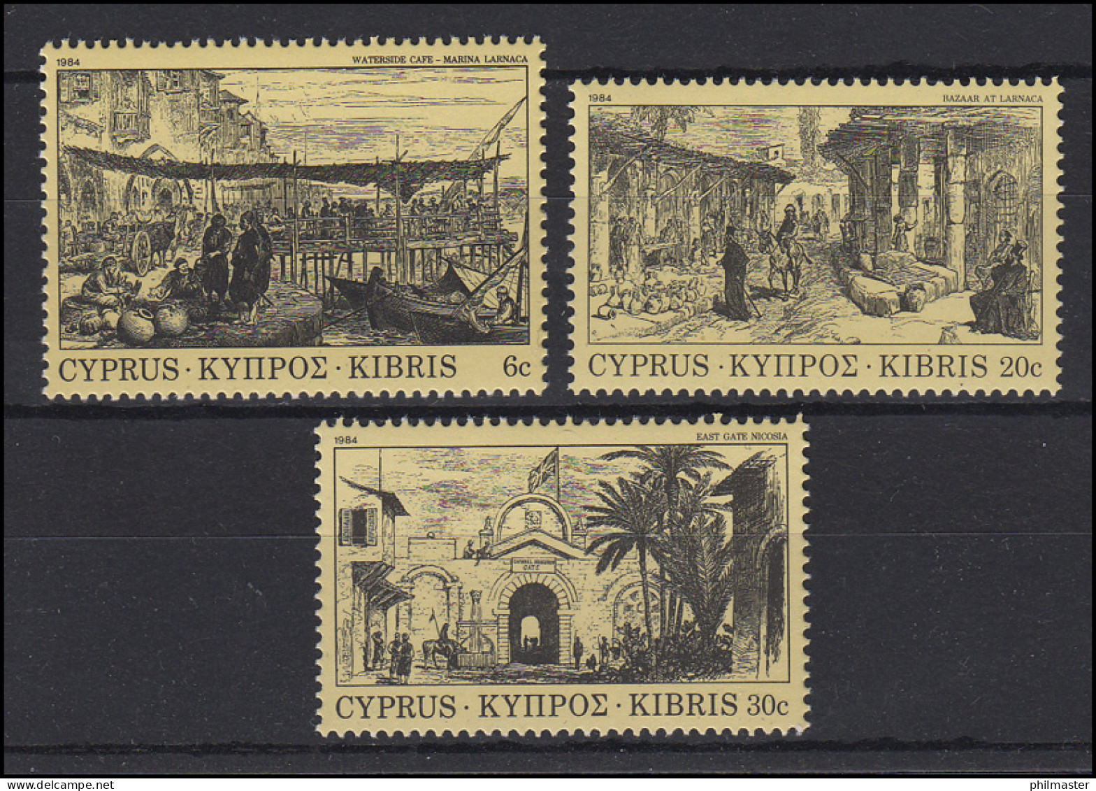 Zypern: Gemälde Paintings Ansichten / 19th Century Views, 3 Werte, Satz ** - Autres & Non Classés