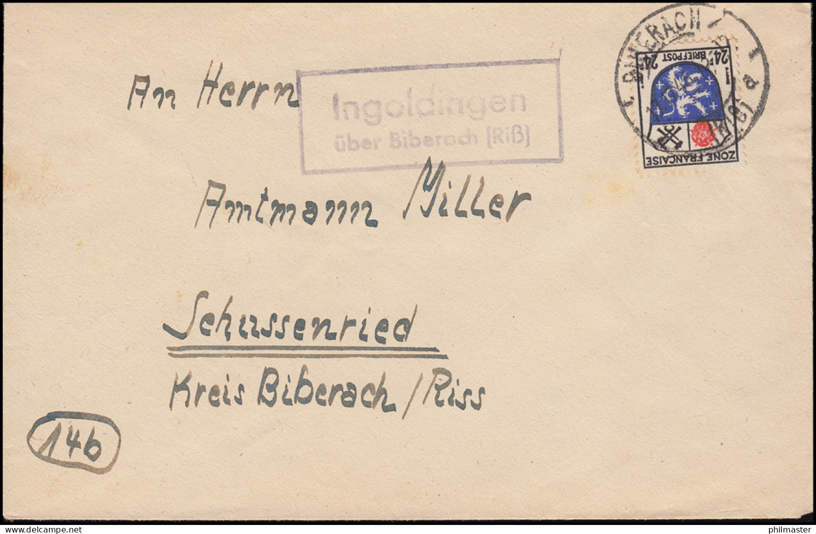 Landpost Ingoldingen über Biberach (Riß) 17.12.45 Brief EF Franz. Zone - Autres & Non Classés