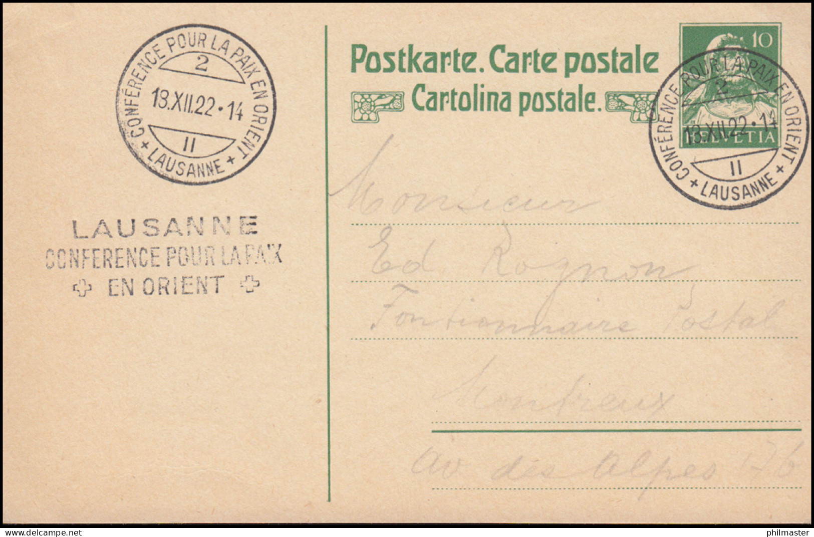 Schweiz Postkarte P 82I Tellbrustbild SSt LAUSANNE Friedenskonferenz 18.12.1922 - Zonder Classificatie