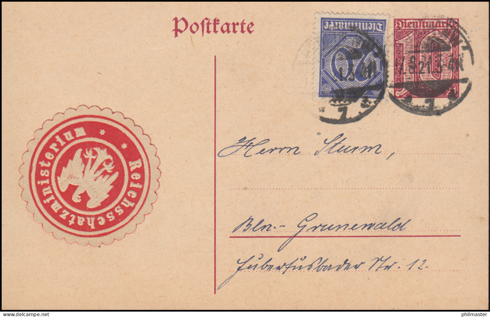 Dienstganzsache DP 4 Mit D 26 Dienstmarke Reichsschatzministerium BERLIN 17.8.21 - Sonstige & Ohne Zuordnung