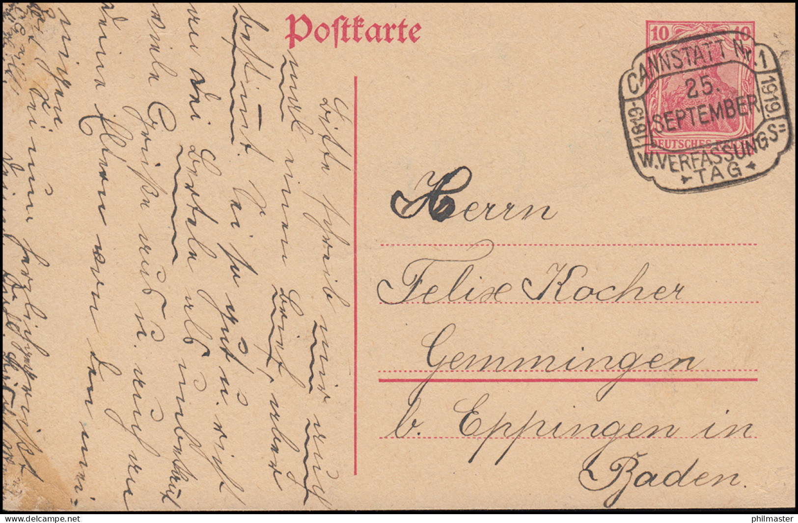 Germania-Postkarte Mit SSt CANNSTATT 1819-1919 VERFASSUNGSTAG 25.9.1919 - Sonstige & Ohne Zuordnung