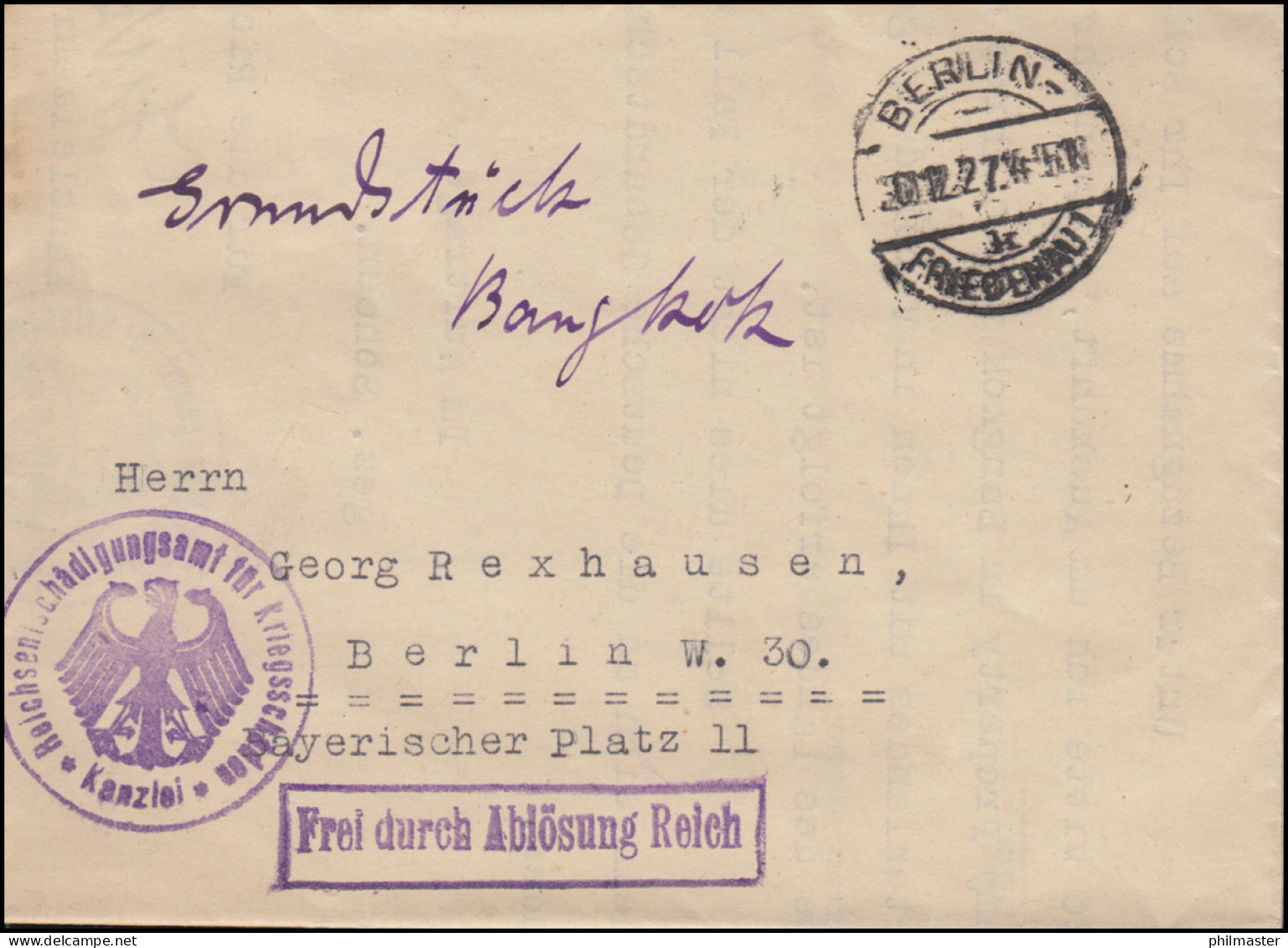 Frei Durch Ablösung Reichsentschädigungsamt Für Kriegsschäden BERLIN 20.12.1927 - Other & Unclassified