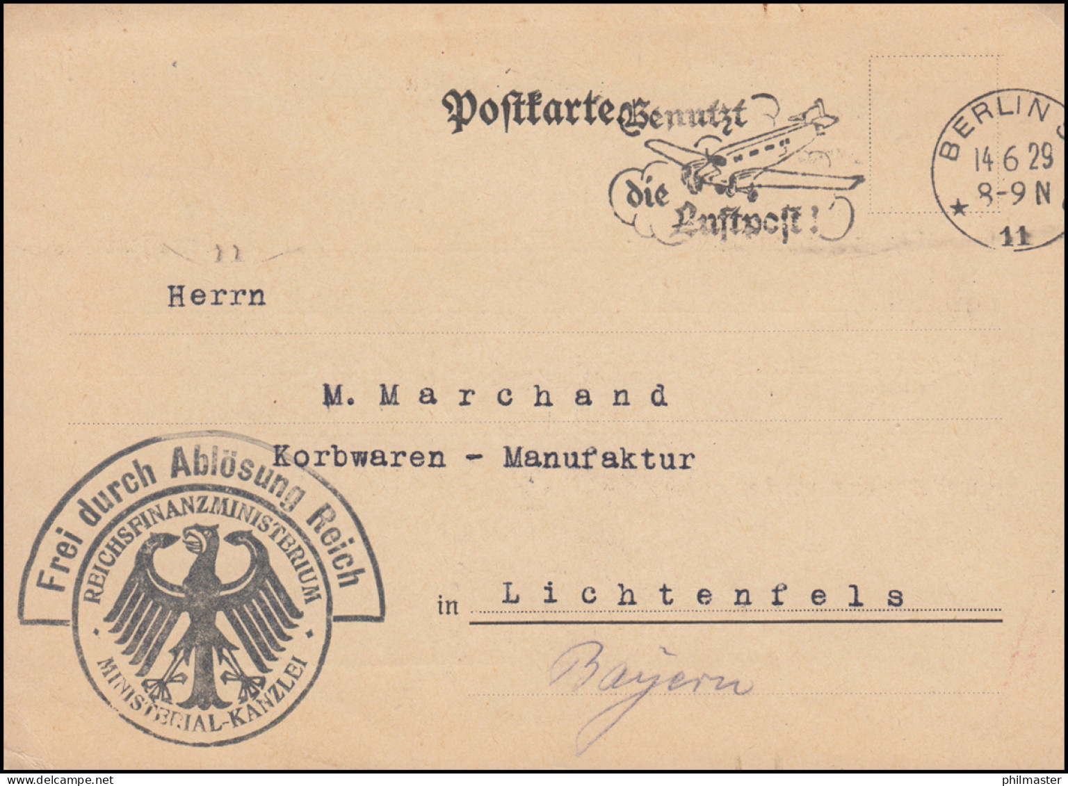 Frei Durch Ablösung Reichsfinanzministerium Postkarte BERLIN 14.6.1929  - Non Classés