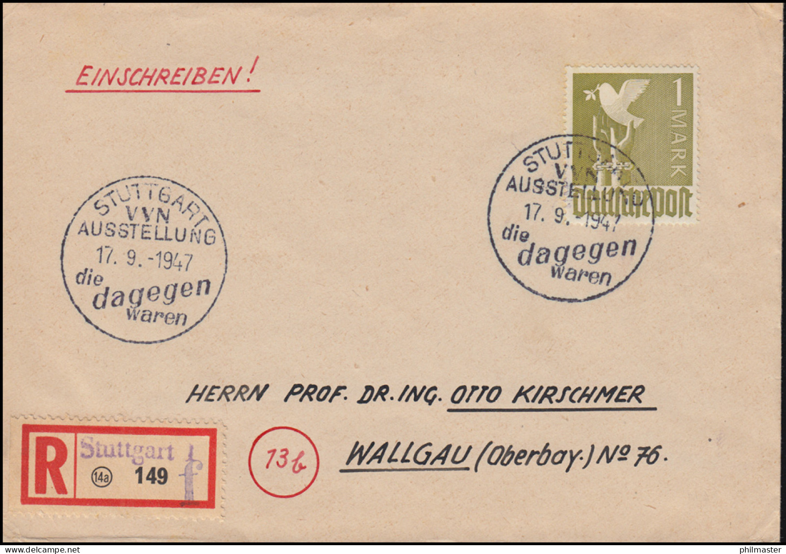 937 Ziffer 1 RM Auf R-Brief Not R-Zettel SSt STUTTGART VVN-Ausstellung 17.9.1947 - 2. Weltkrieg