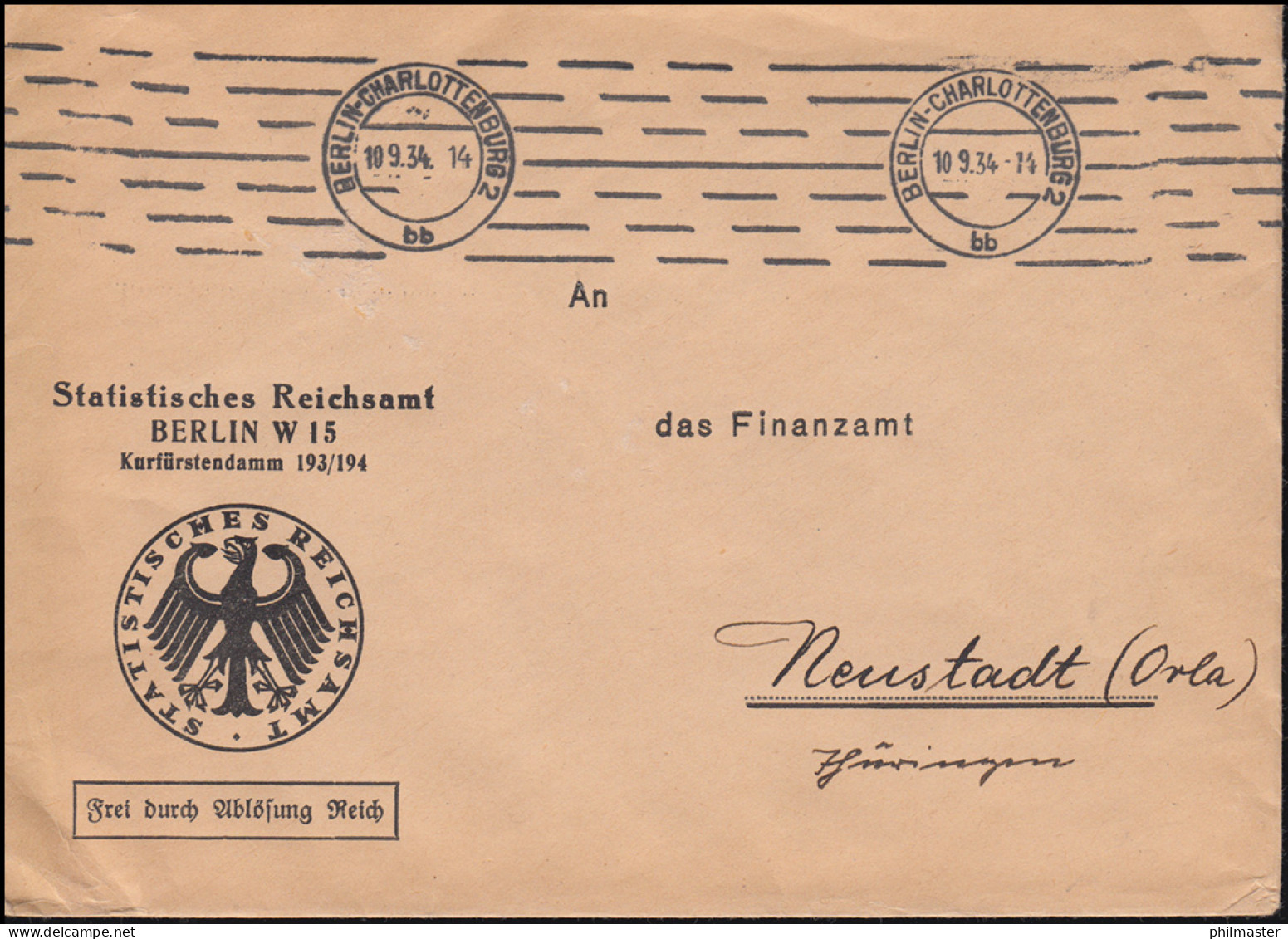 Frei Durch Ablösung Statistisches Reichsamt BERLIN 10.9.1934 Nach Neustadt/Orla - Andere & Zonder Classificatie