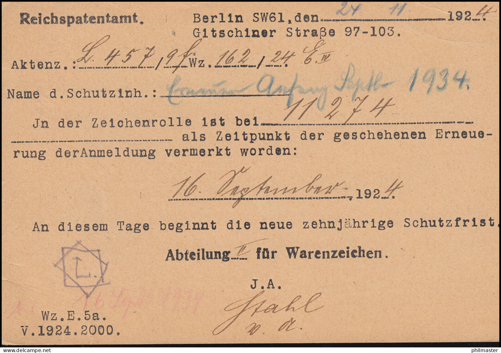 Portopflichtige Dienstsache Reichspatentamt BERLIN 2.12.1924 Nach Altenmünster - Explorateurs