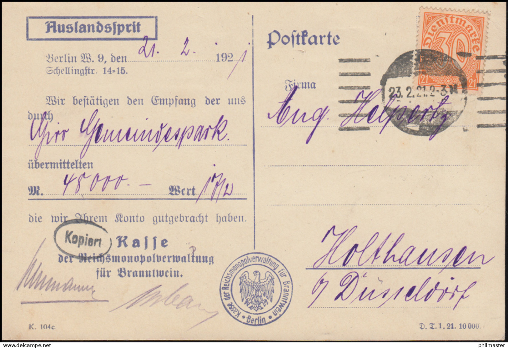 20 Dienstmarke Als EF Auf Postkarte Reichverwaltung Branntwein BERLIN 23.2.1921 - Otros & Sin Clasificación