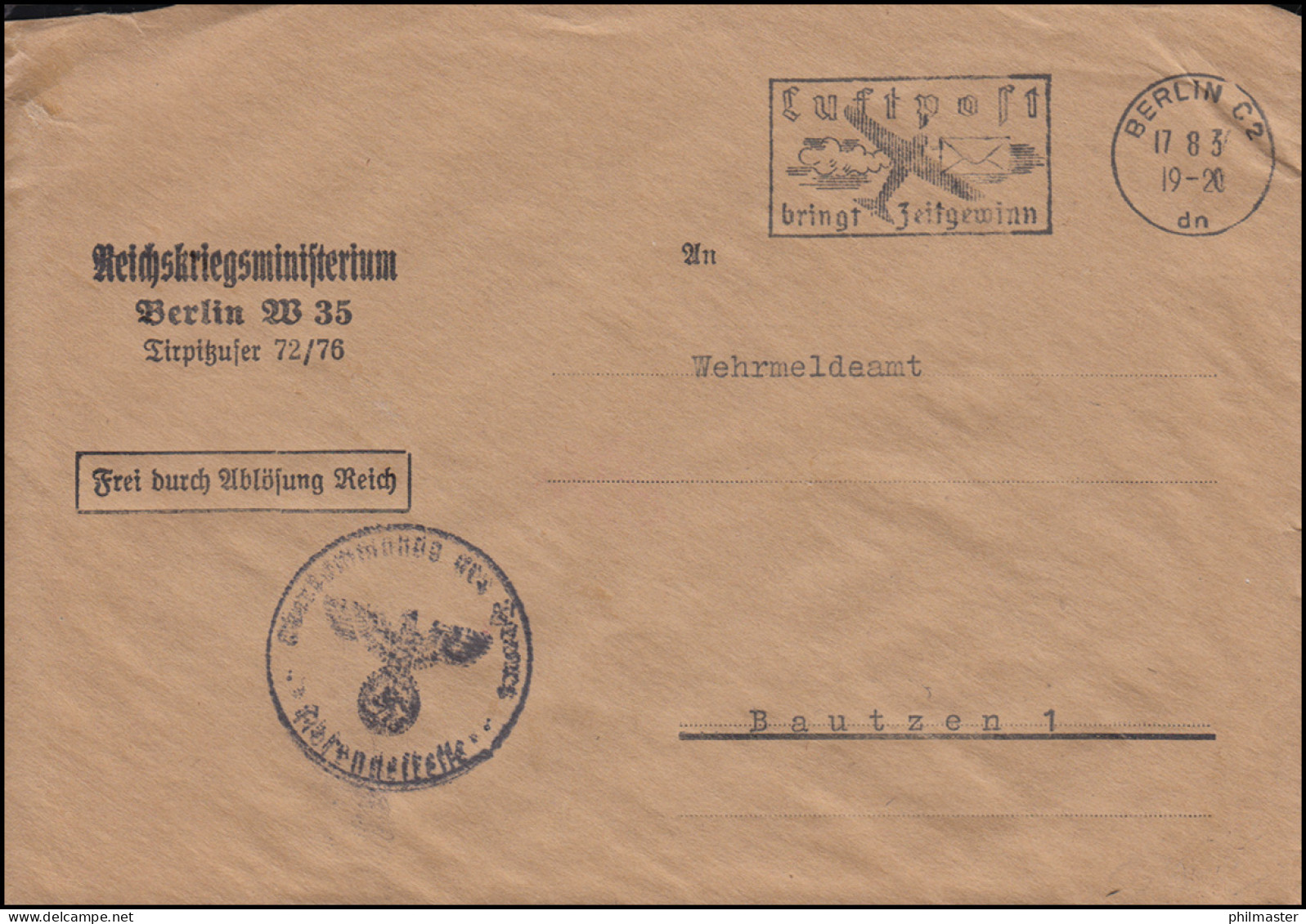 Frei Durch Ablösung Reichskriegsministerium Berlin 17.8.1936 Brief Nach Bautzen - Andere & Zonder Classificatie