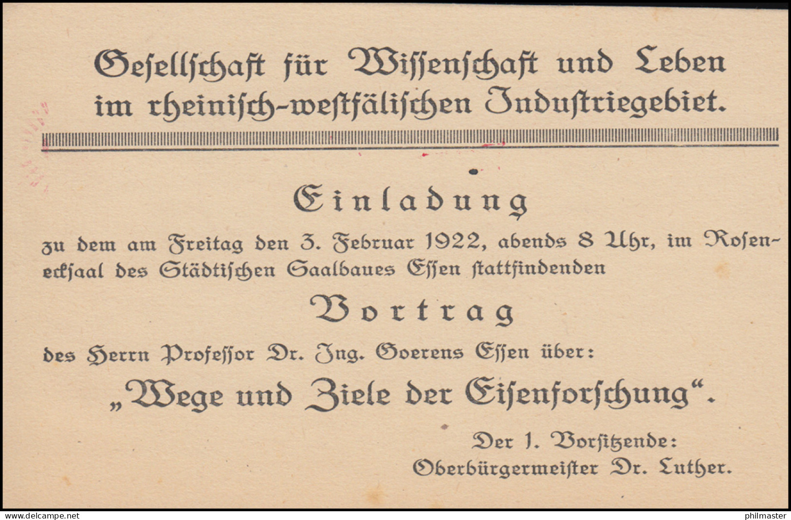 AFS ESSEN 21.1.1922 Auf Drucksache Einladung Zum Vortrag Eisenforschung - Other & Unclassified
