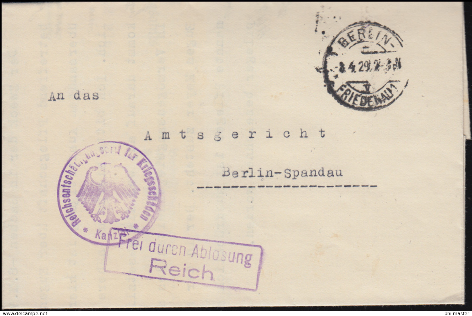 Frei Durch Ablösung Reichsentschädigungsamt Für Kriegsschäden BERLIN 8.4.1929 - Sonstige & Ohne Zuordnung