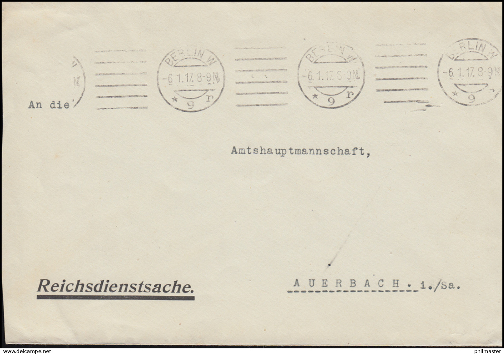 Reichsdienstsache Reichskartoffelstelle BERLIN 6.1.1917 Brief Nach Auerbach/Sa. - Autres & Non Classés