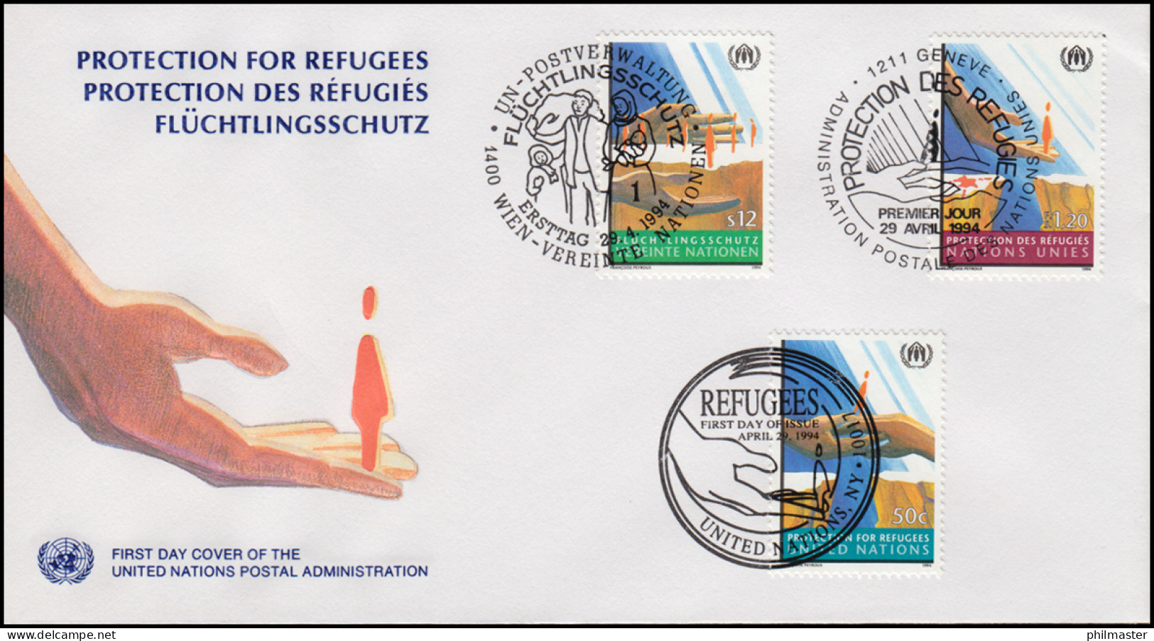 UNHCR Flüchtlingsschutz Refugees - Schmuck-FDC Der 3 UNO-Ausgaben 1994 - Ohne Zuordnung