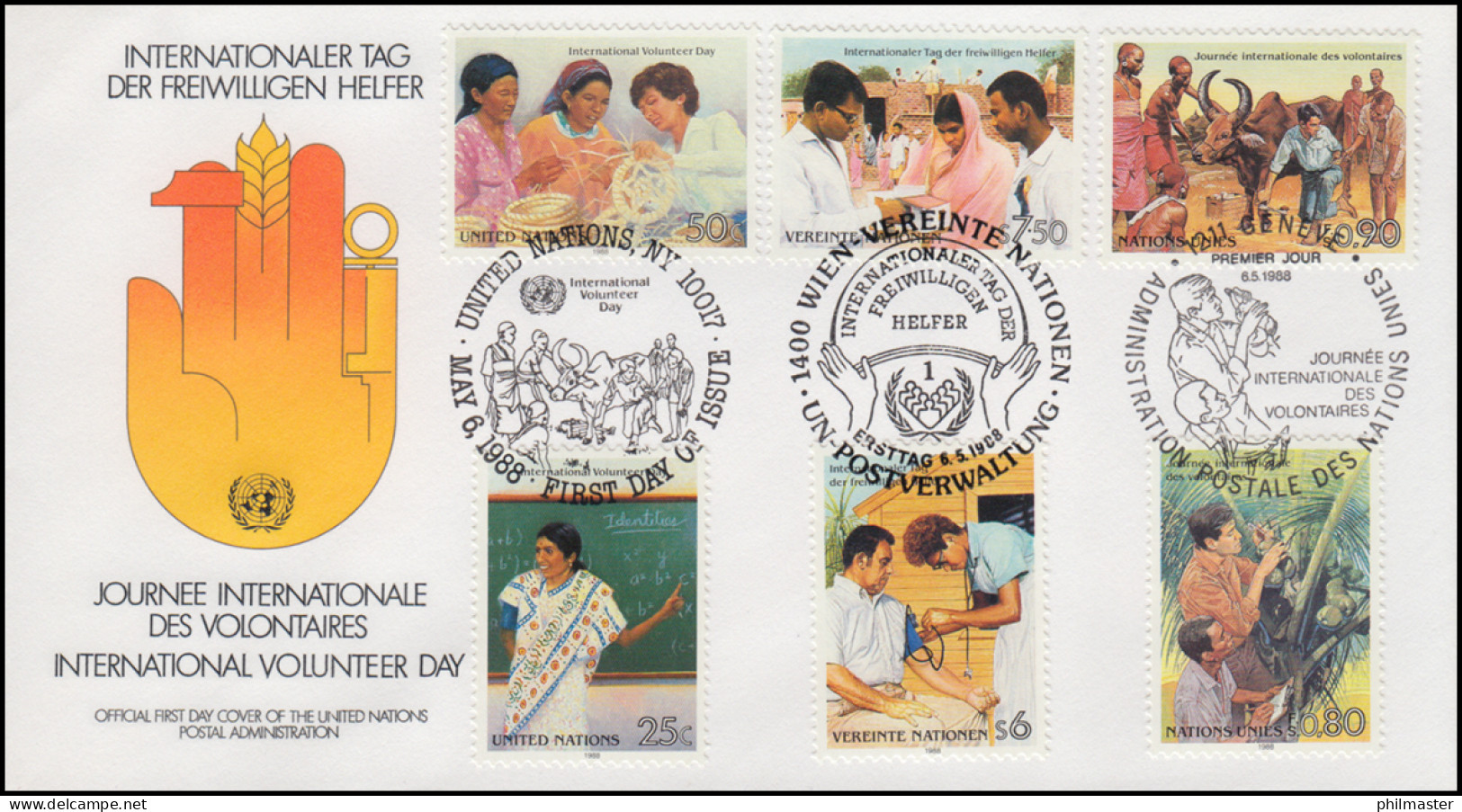 Internationale Freiwillige Helfer - Schmuck-FDC Der 3 UNO-Ausgaben 6.5.1988 - Other & Unclassified