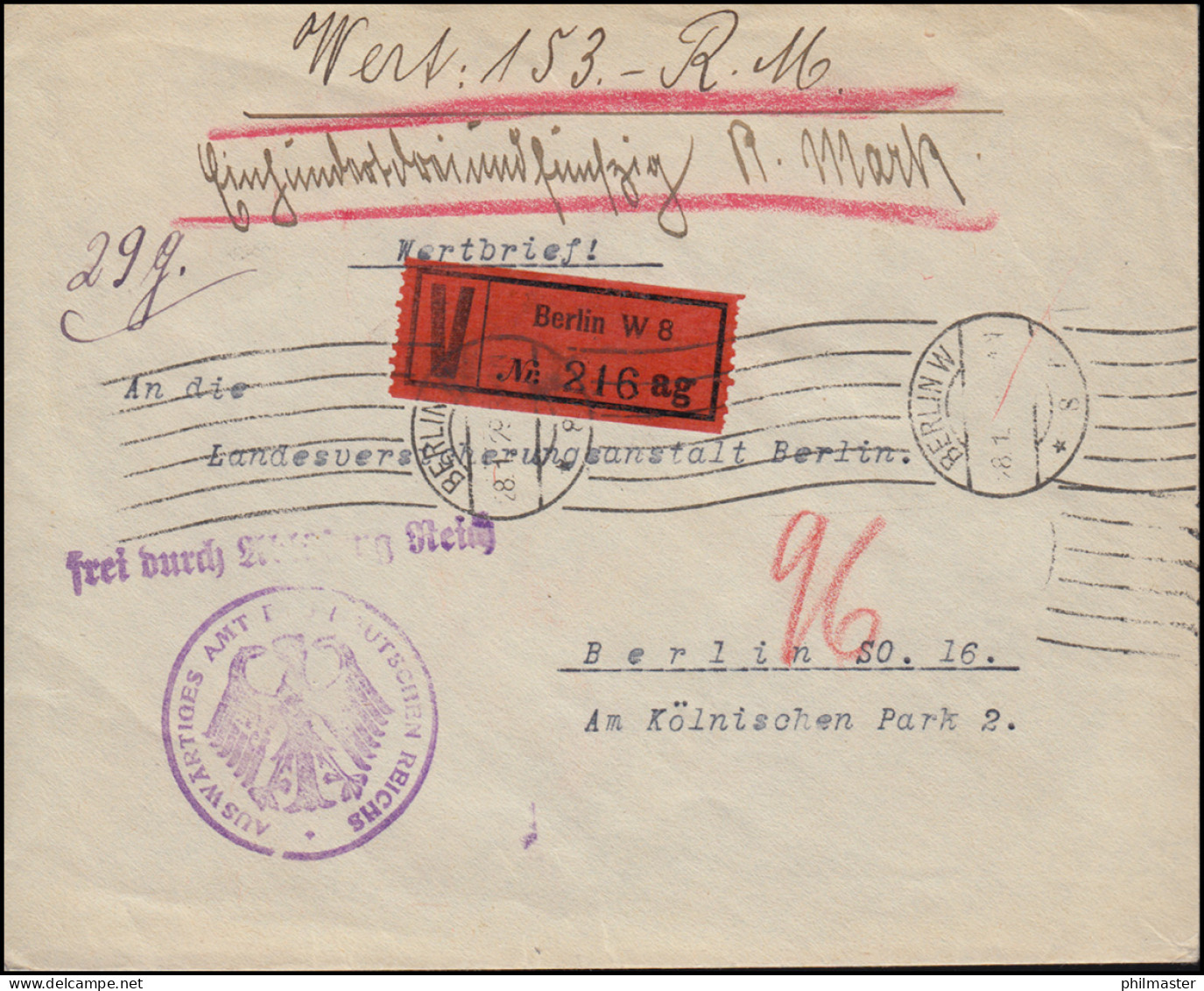 Frei Durch Ablösung Reich Auswärtiges Amt Wert-Brief BERLIN 28.1.1929 Orts-Brief - Sonstige & Ohne Zuordnung