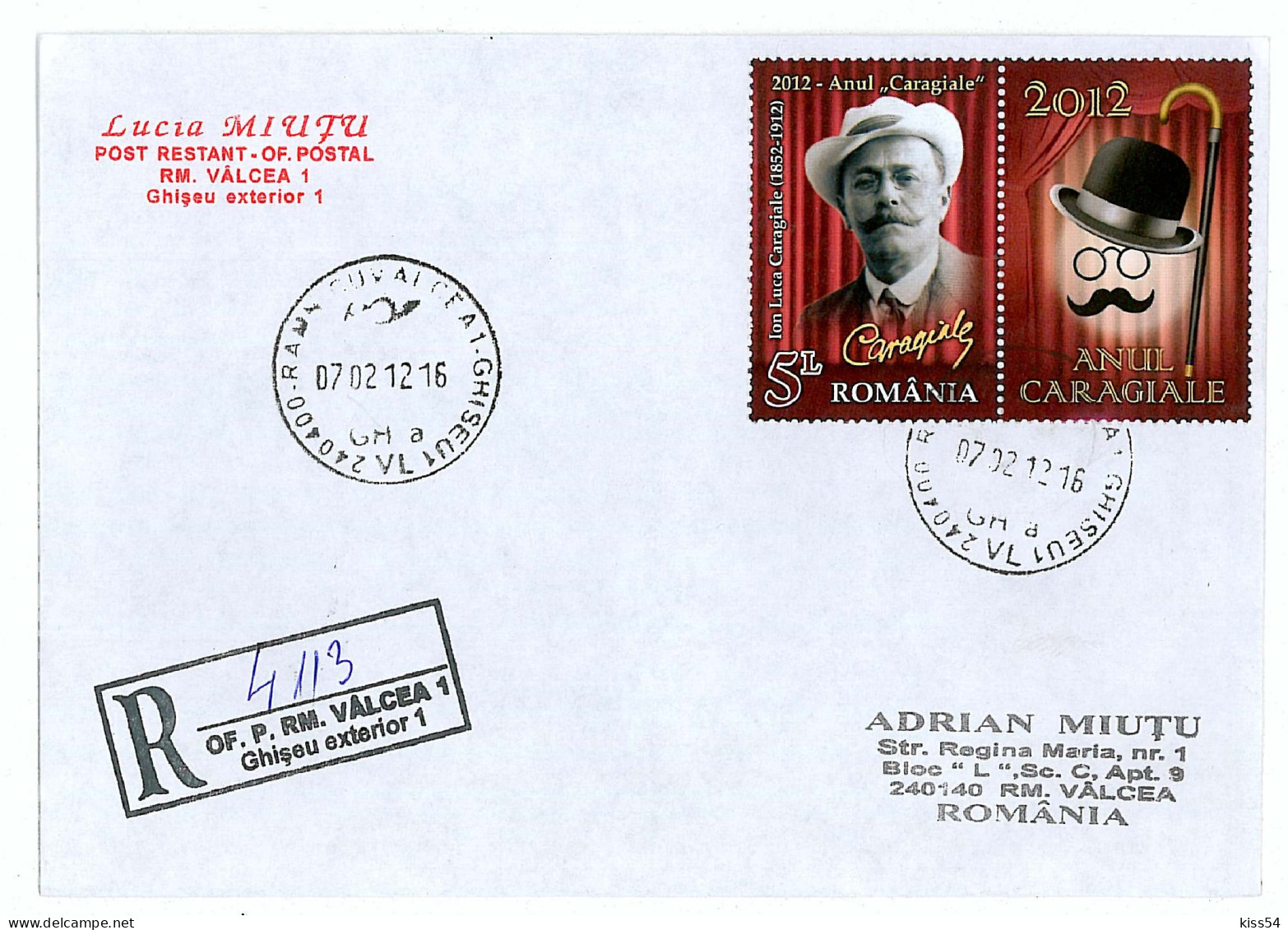 NCP 25 - 4113-a Comic THEATRE Caragiale, Romania - Registered, Stamp With Vignette - 2012 - Storia Postale