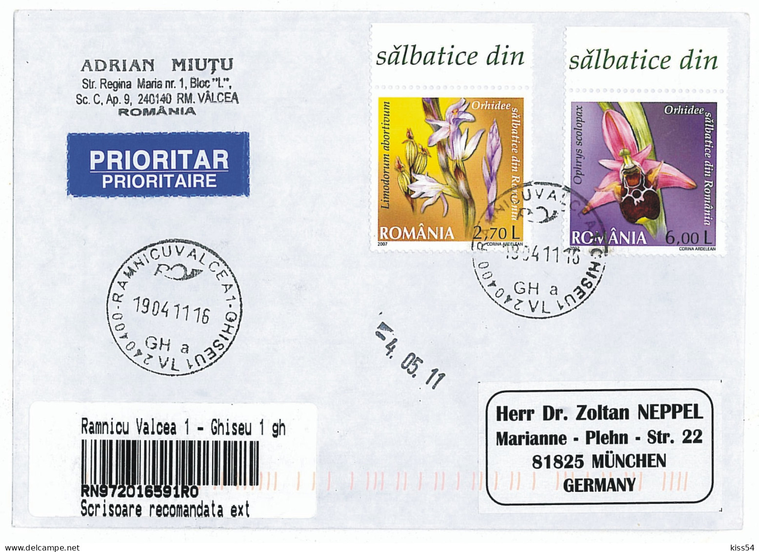 NCP 25 - 1-a ORCHIDS, Romania - INTERNATIONAL Registered - 2011 - Storia Postale