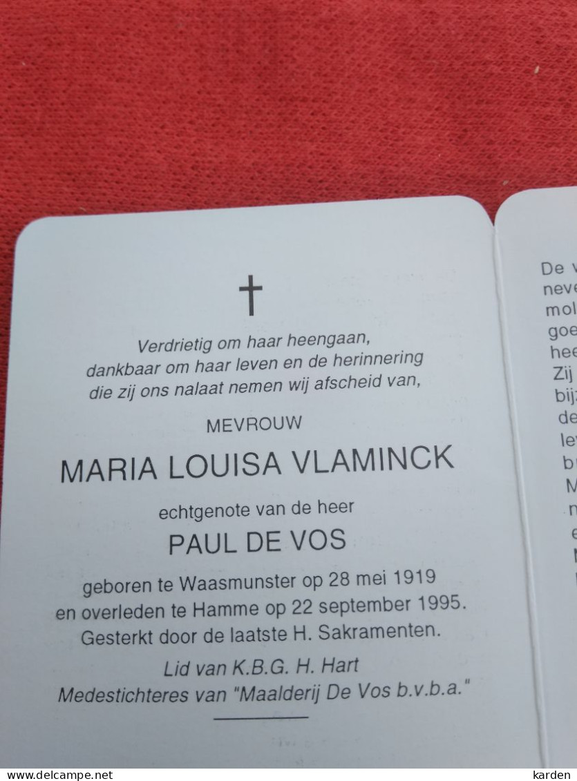 Doodsprentje Maria Louise Vlaminck / Waasmunster 28/5/1919 Hamme 22/9/1995 ( Paul De Vos ) - Religion & Esotérisme