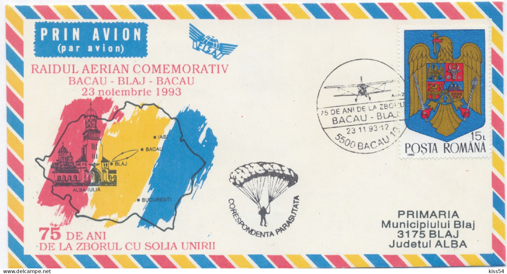 COV 38 - 977 AIRPLANE, Flight Romania - Cover - Used - 1993 - Cartas & Documentos