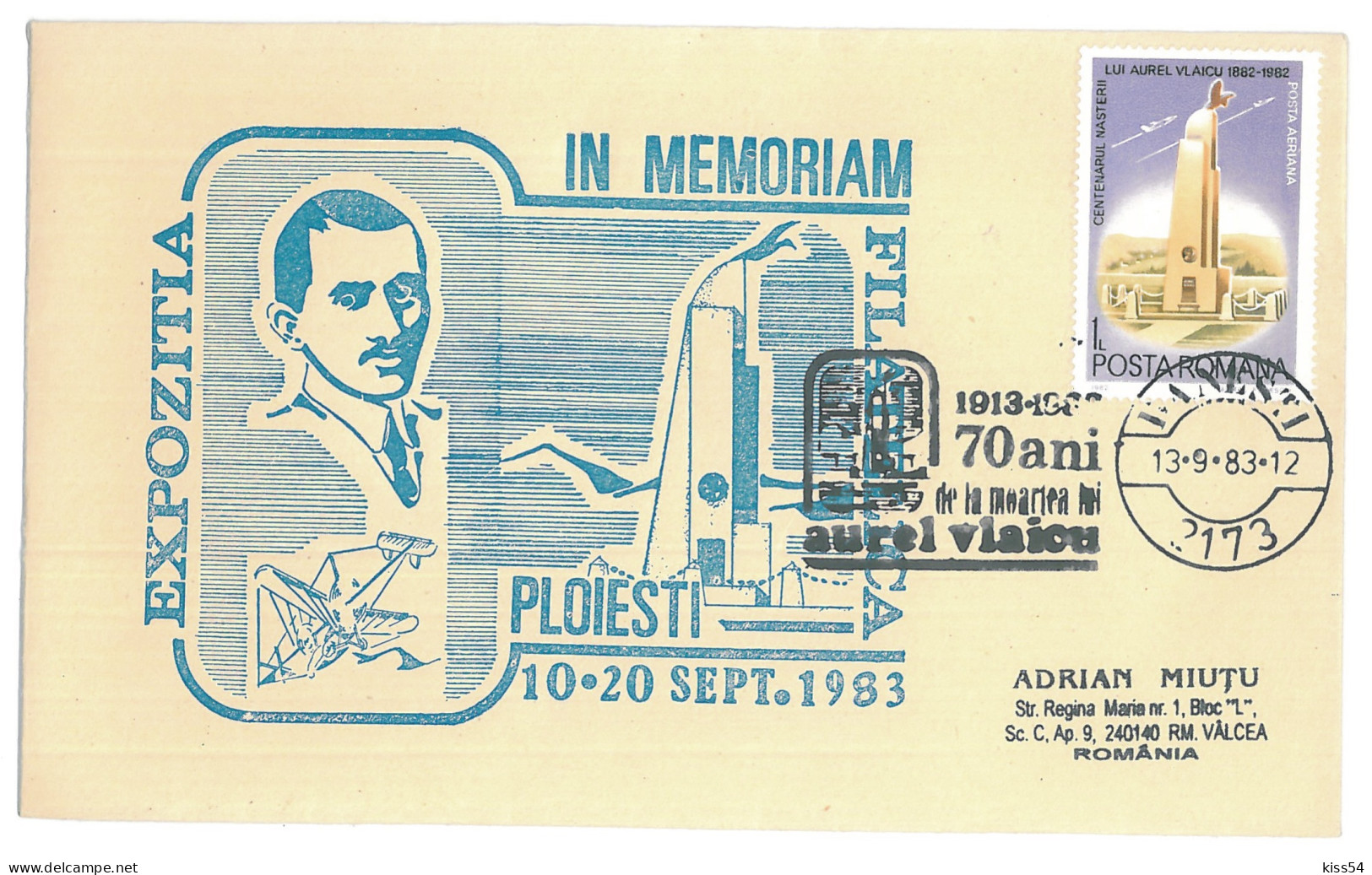 COV 38 - 290 AIRPLANE, Aurel Vlaicu, Romania - Cover - Used - 1983 - Lettres & Documents