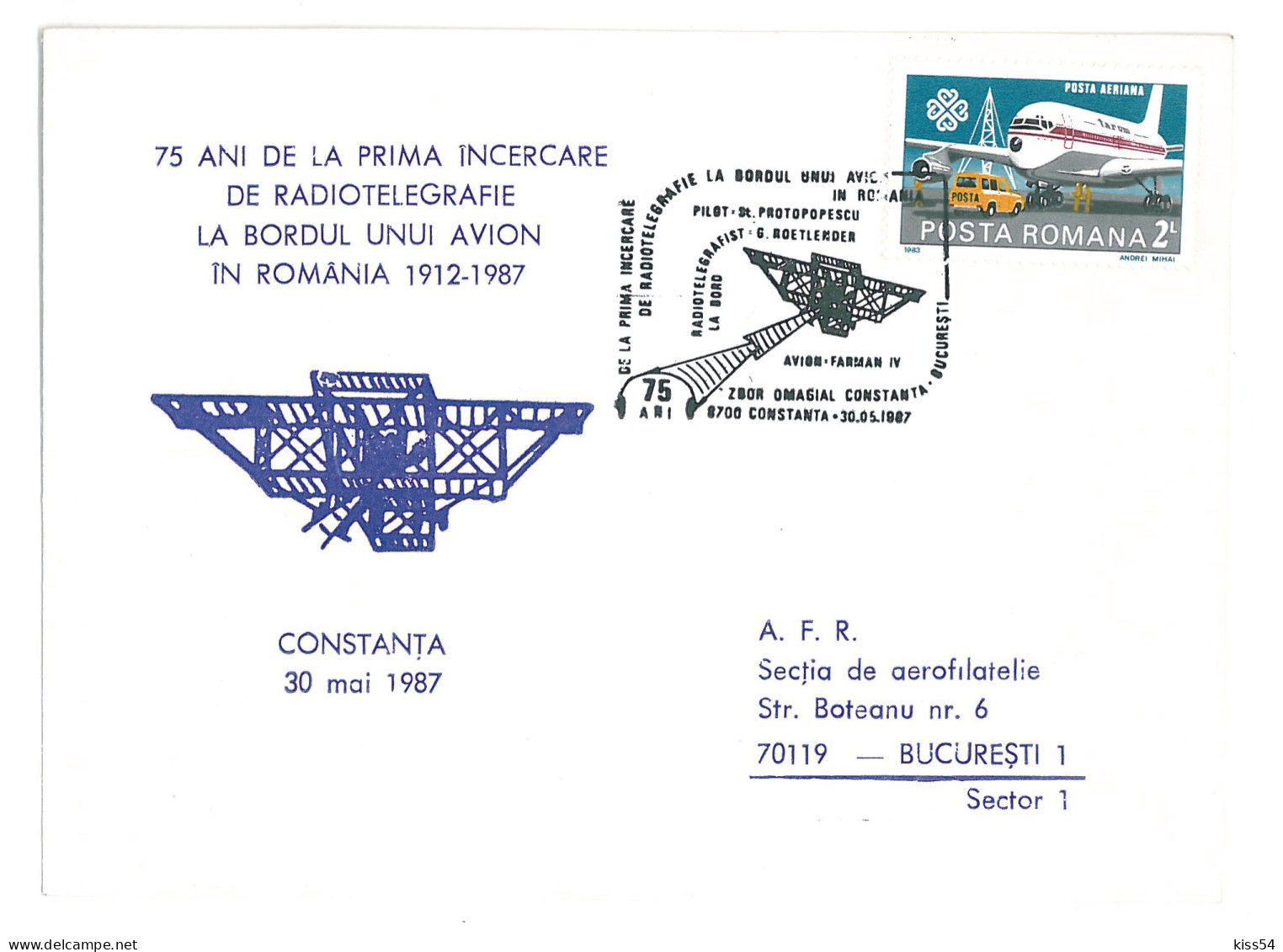 COV 38 - 218 AIRPLANE,the First Radio Telegraphy In Romania On An Airplane - Cover - Used - 1987 - Covers & Documents