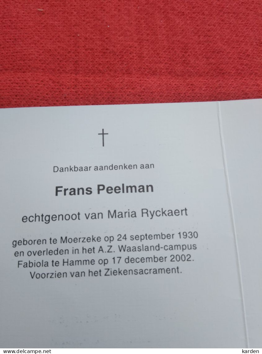 Doodsprentje Frans Peelman / Moerzeke 24/9/1930 Hamme 17/12/2002 ( Maria Ryckaert ) - Godsdienst & Esoterisme